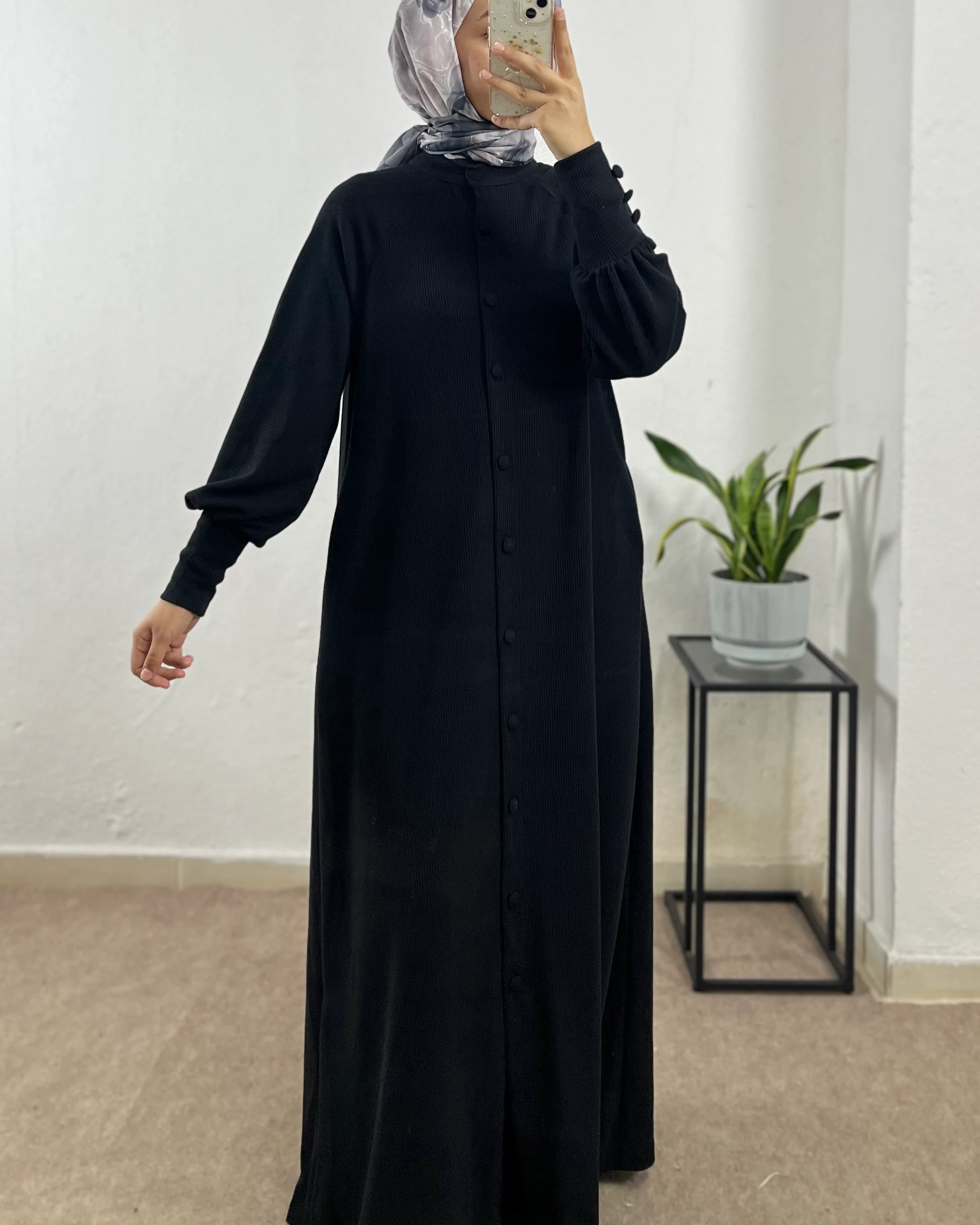 Kaplama Düğmeli İthal Örme Elbise - Siyah