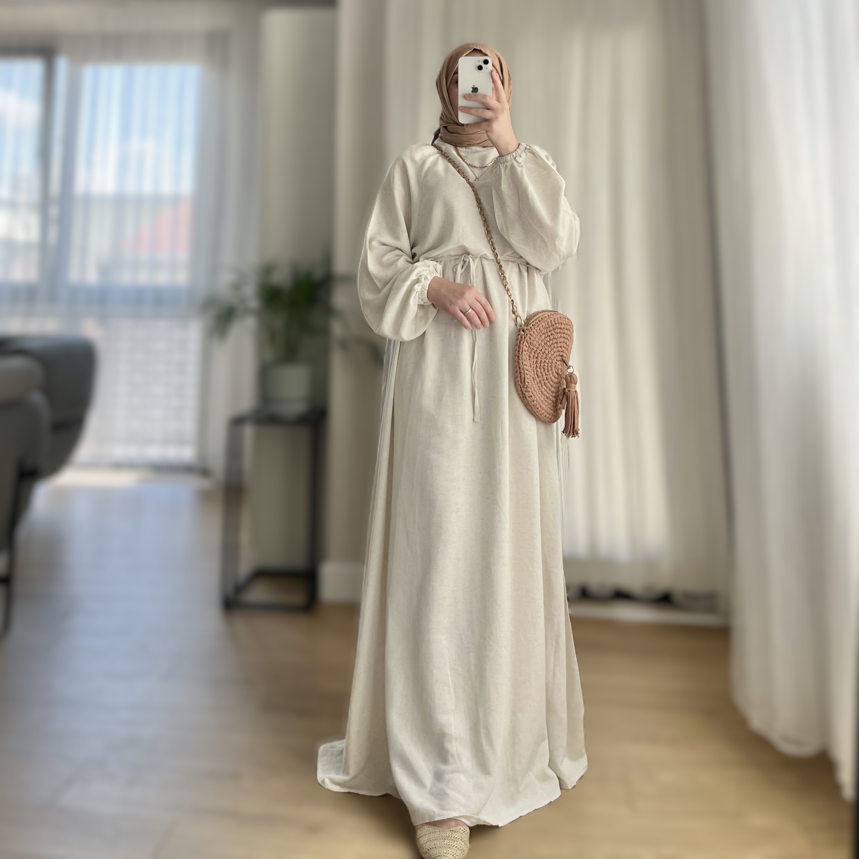 Pamuklu Keten Elbise-Naturel
