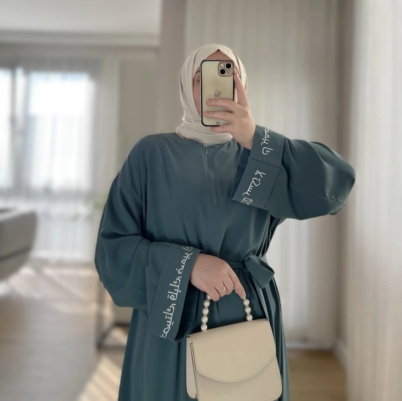 Arapça Nakışlı Abaya - Mint