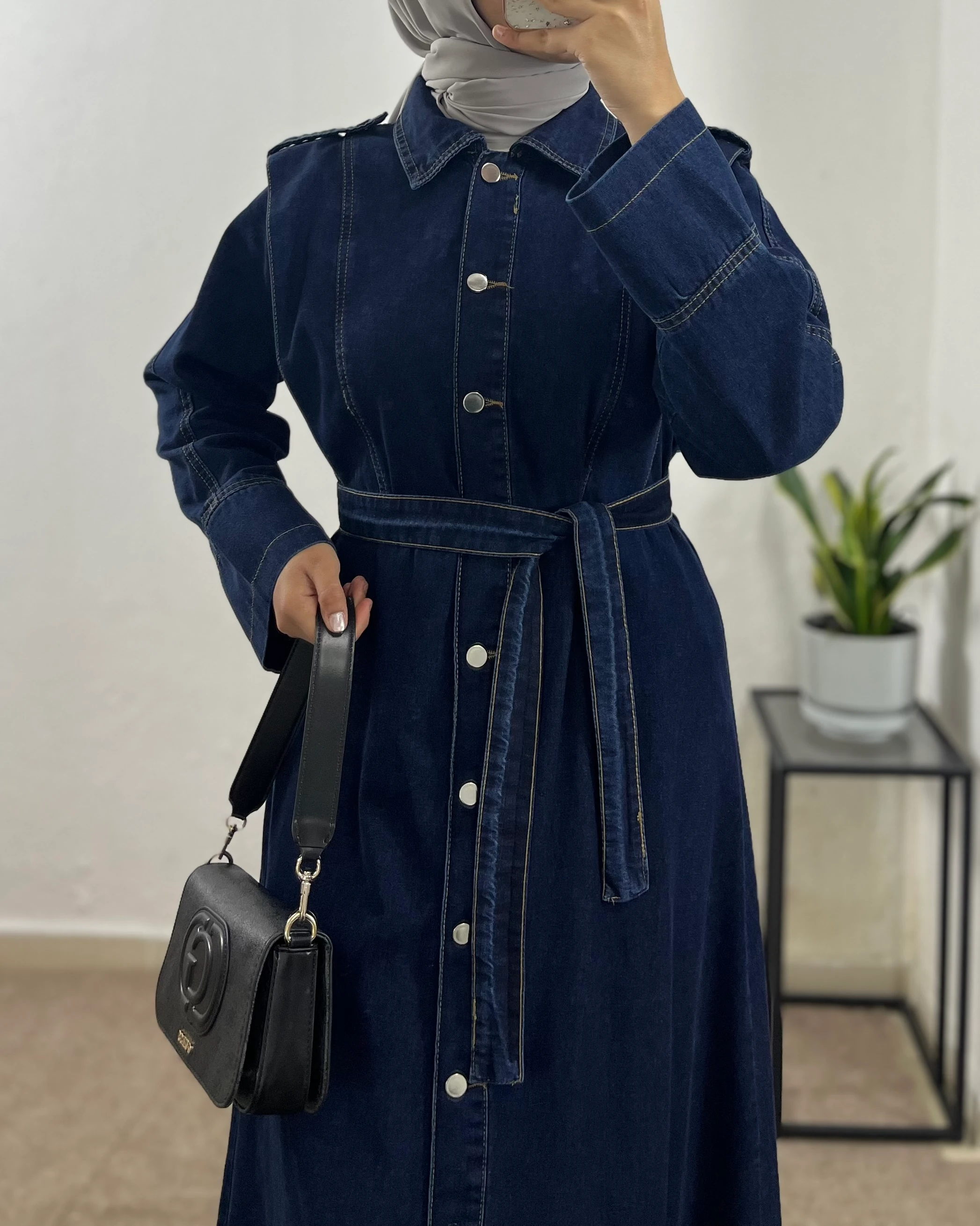 Apoletli Tam Boy Düğmeli Kot Elbise