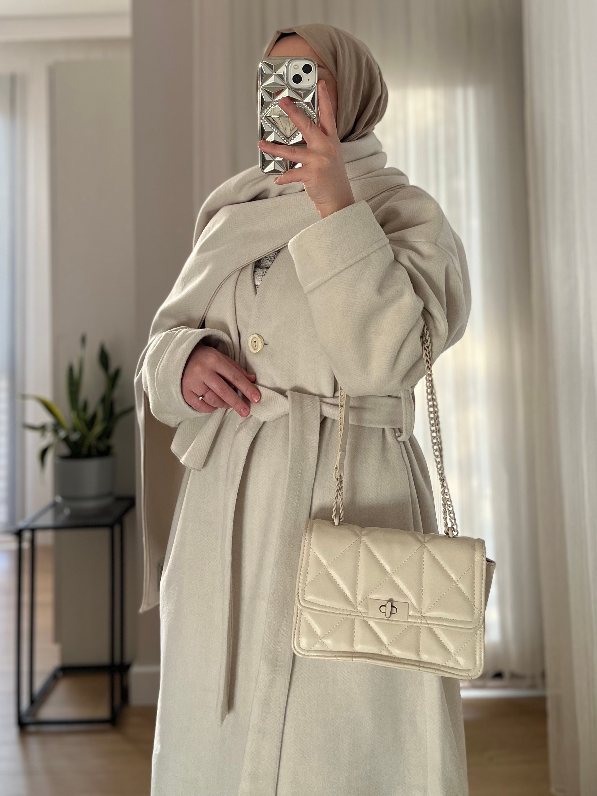 Premium Kaşe Kaban+Omuz Şalı Hediye-Ekru 