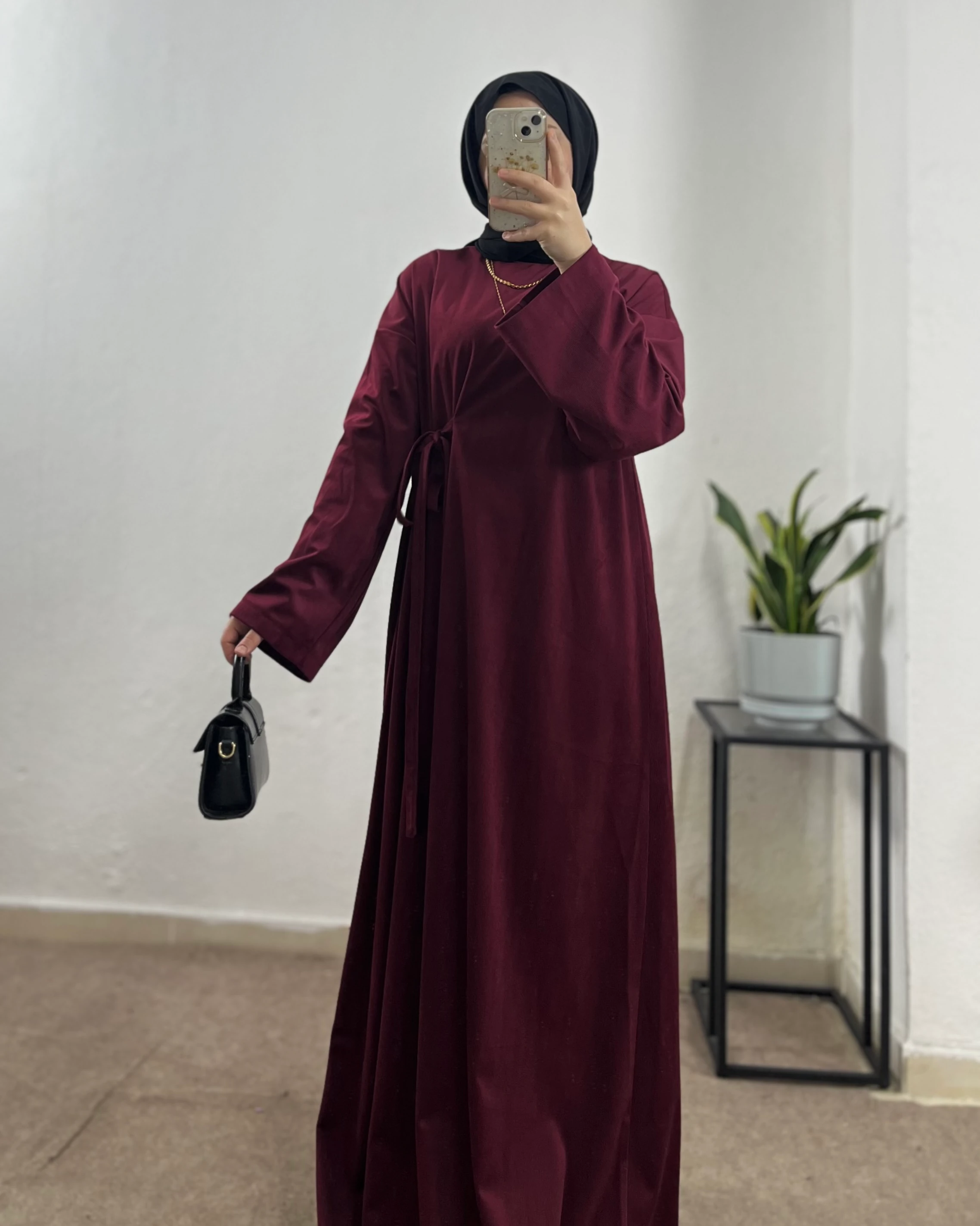 Kuşaklı İpek Kadife Elbise - Bordo