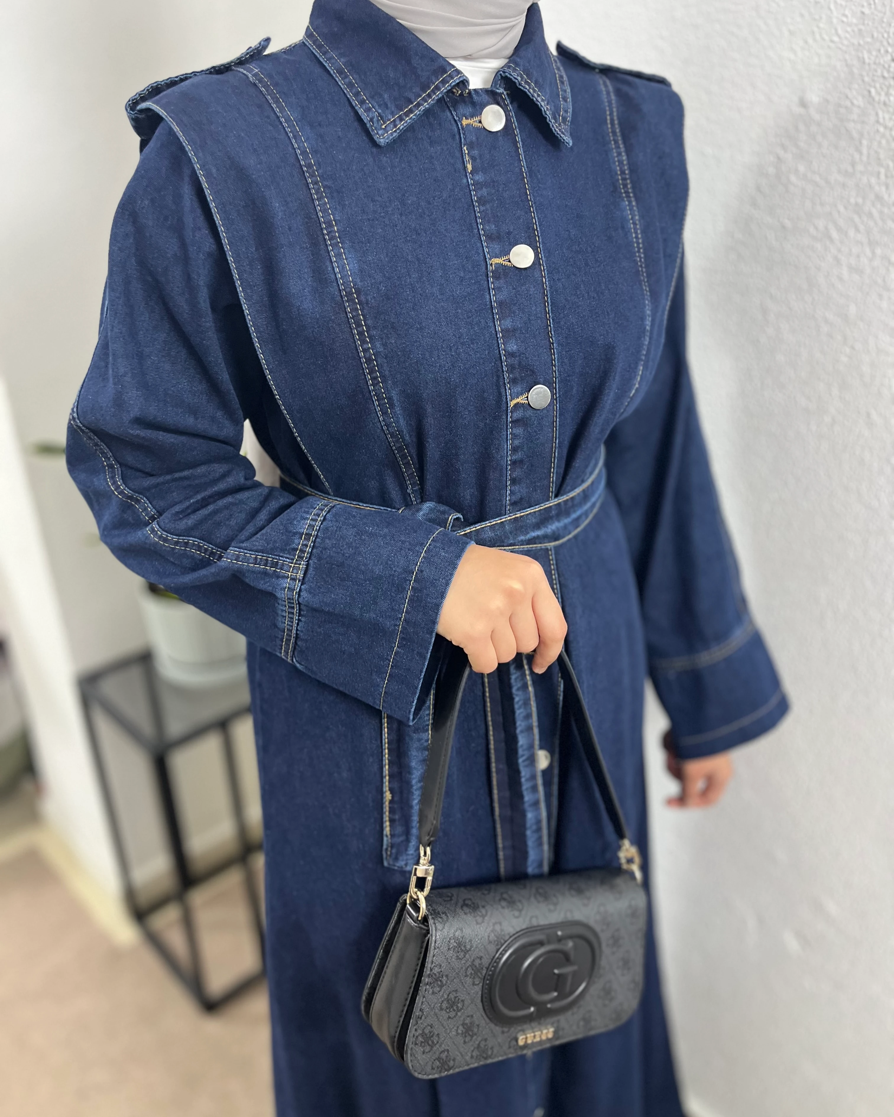 Apoletli Tam Boy Düğmeli Kot Elbise