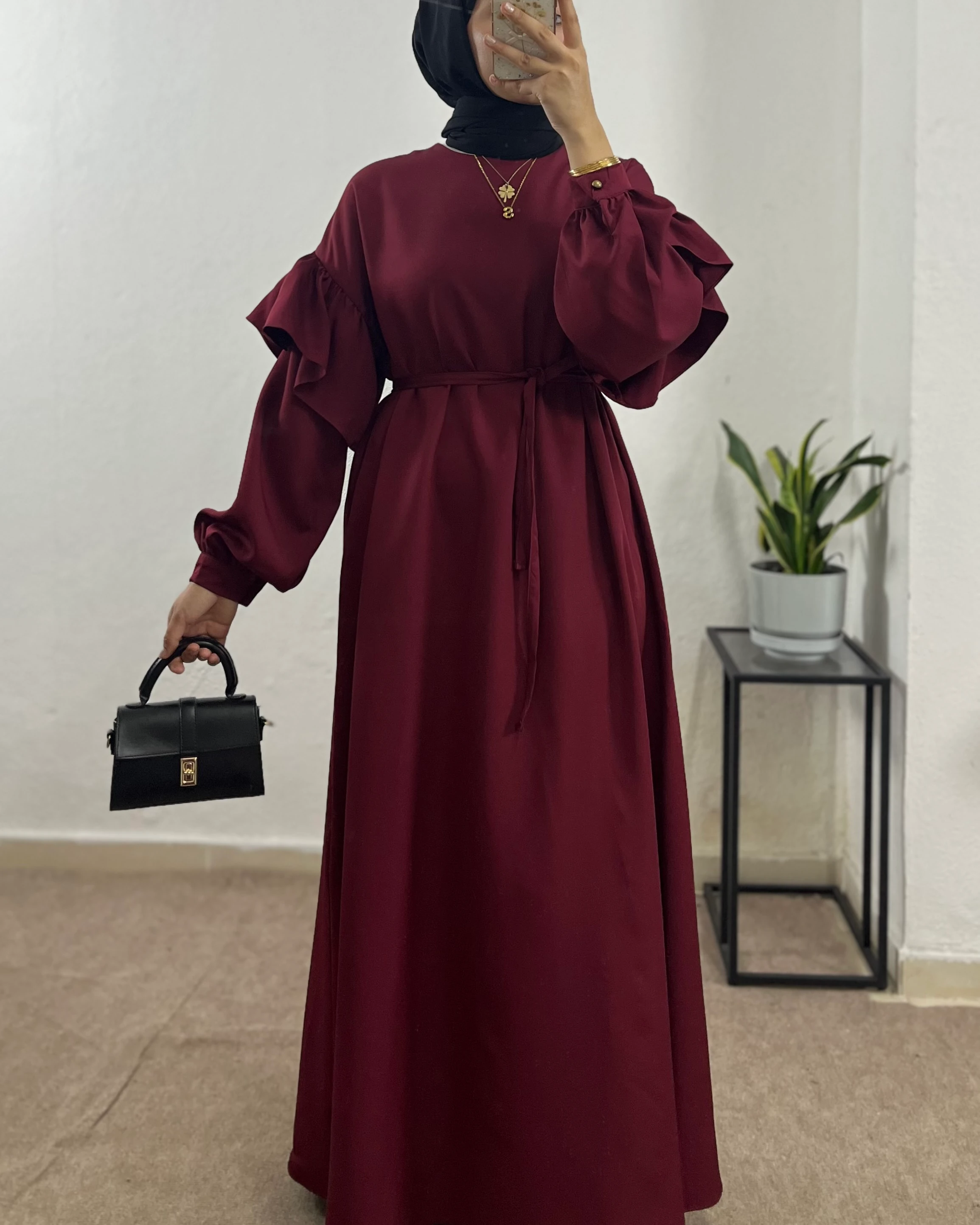 Volan Kol Liva Elbise - Bordo