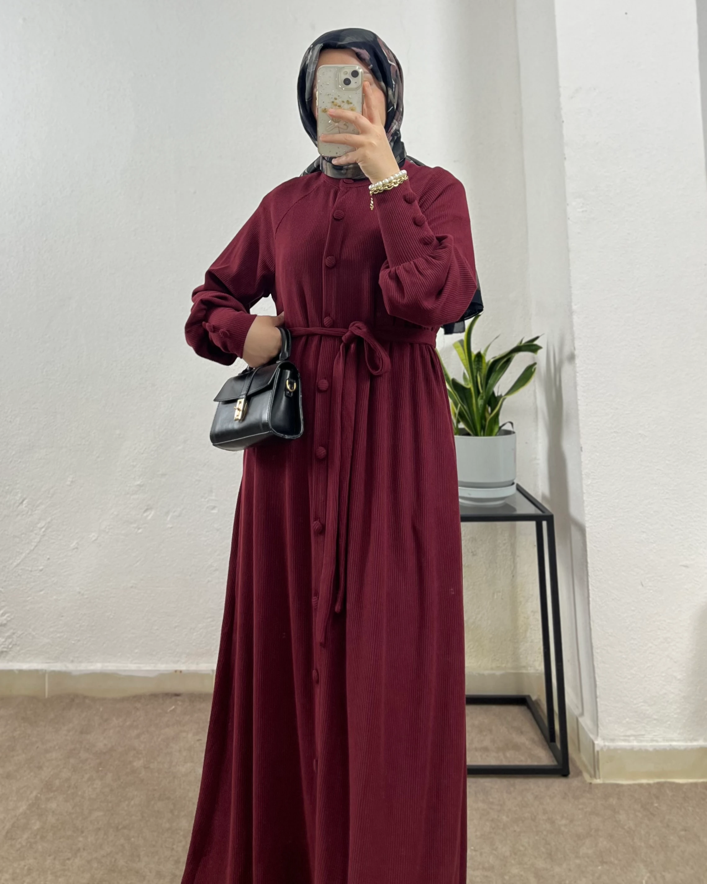 Kaplama Düğmeli İthal Örme Elbise - Bordo