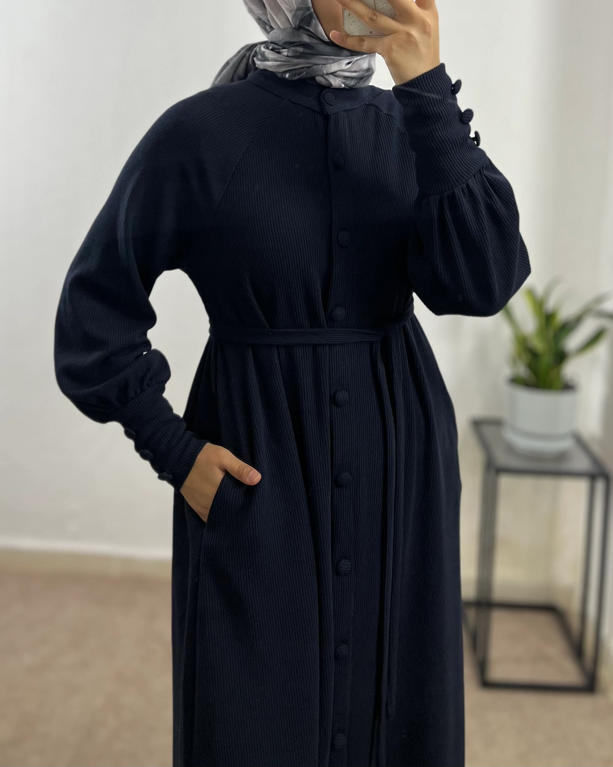 Kaplama Düğmeli İthal Örme Elbise - lacivert