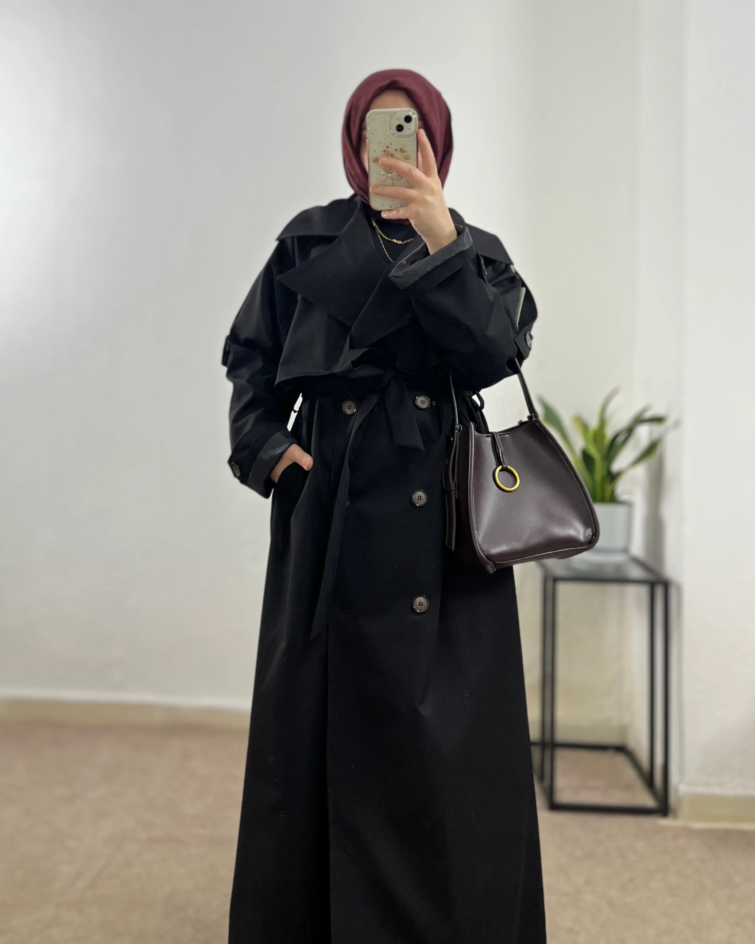 Astarlı Uzun Klasik Trençkot  - Siyah