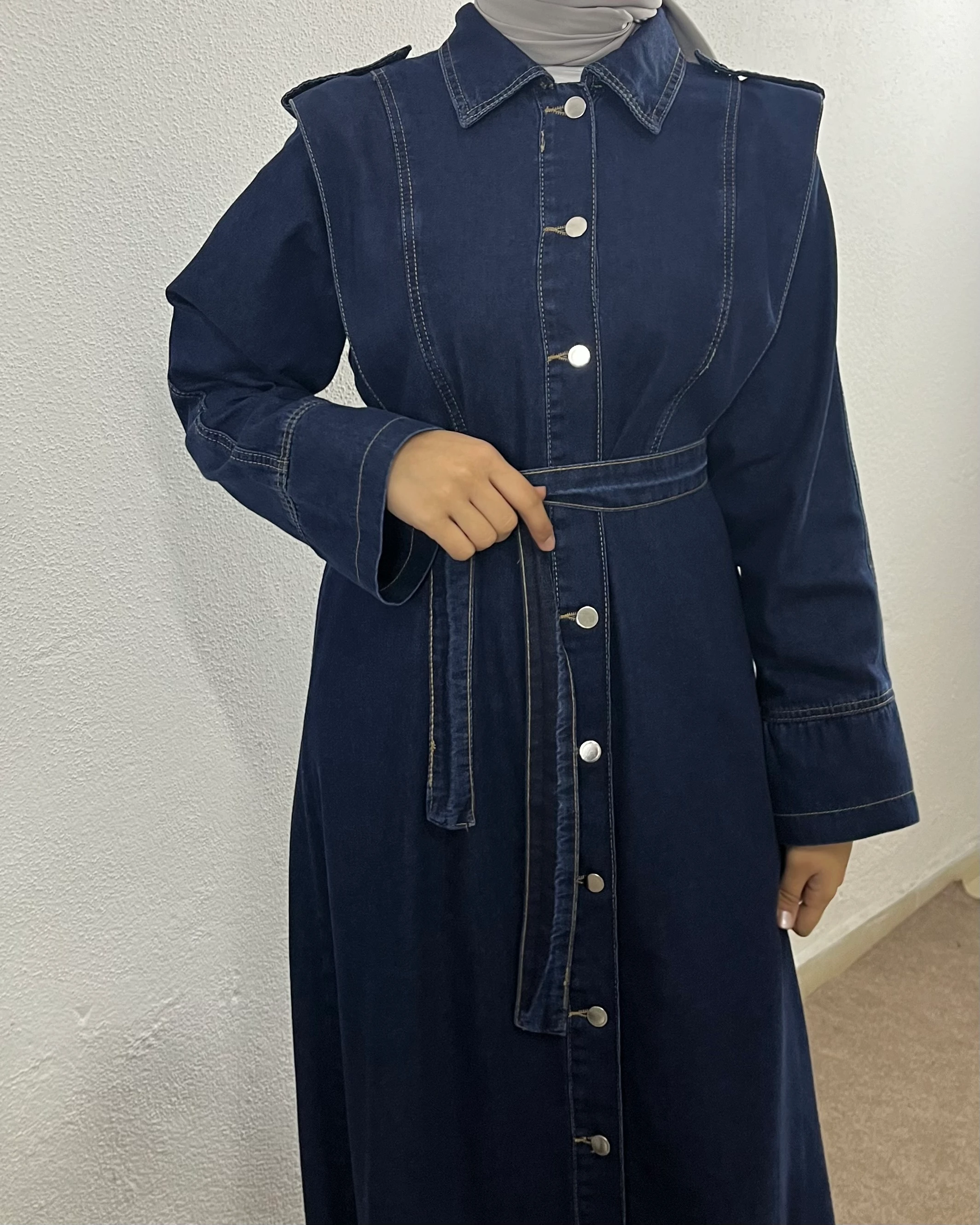 Apoletli Tam Boy Düğmeli Kot Elbise