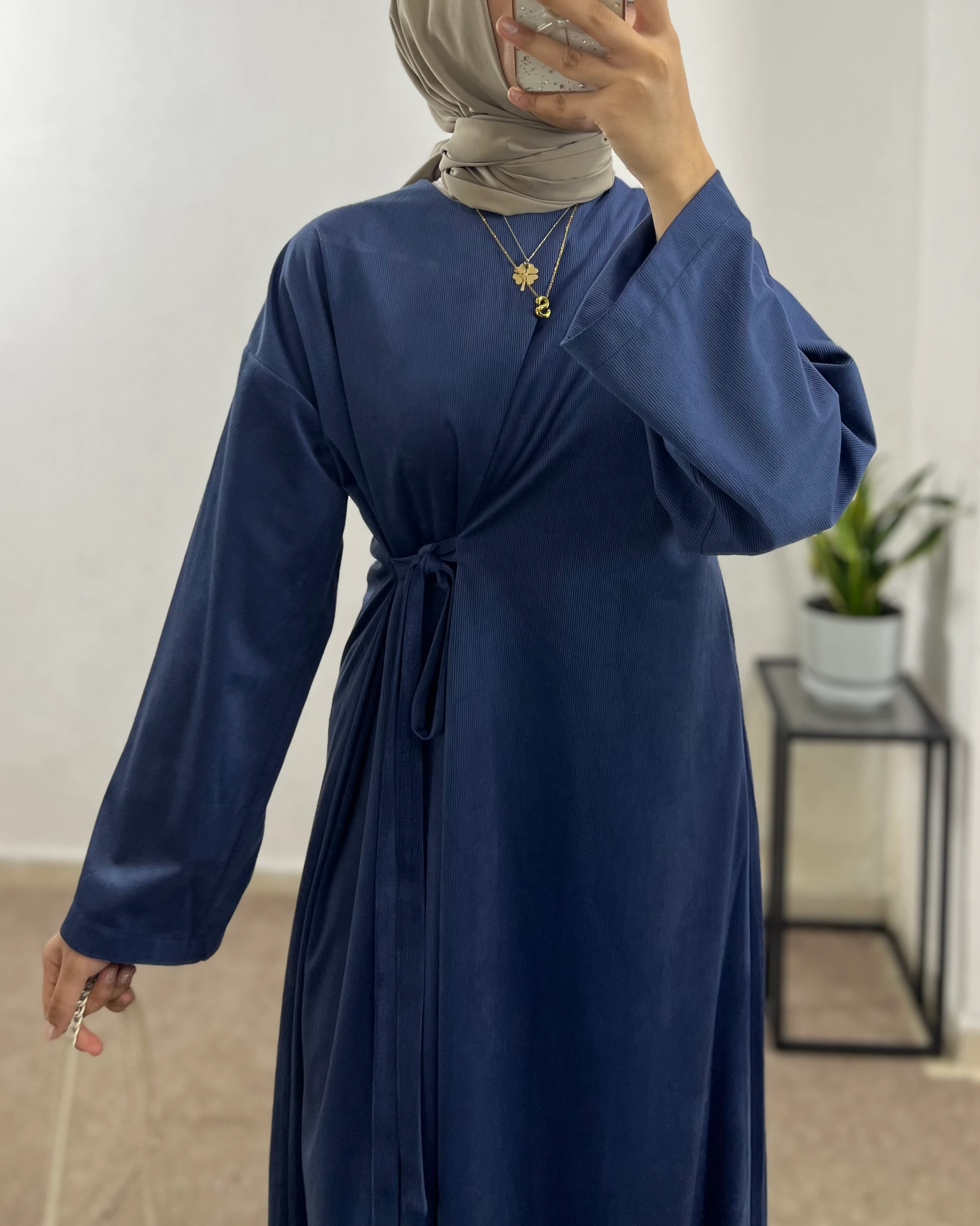 Kuşaklı İpek Kadife Elbise - lacivert