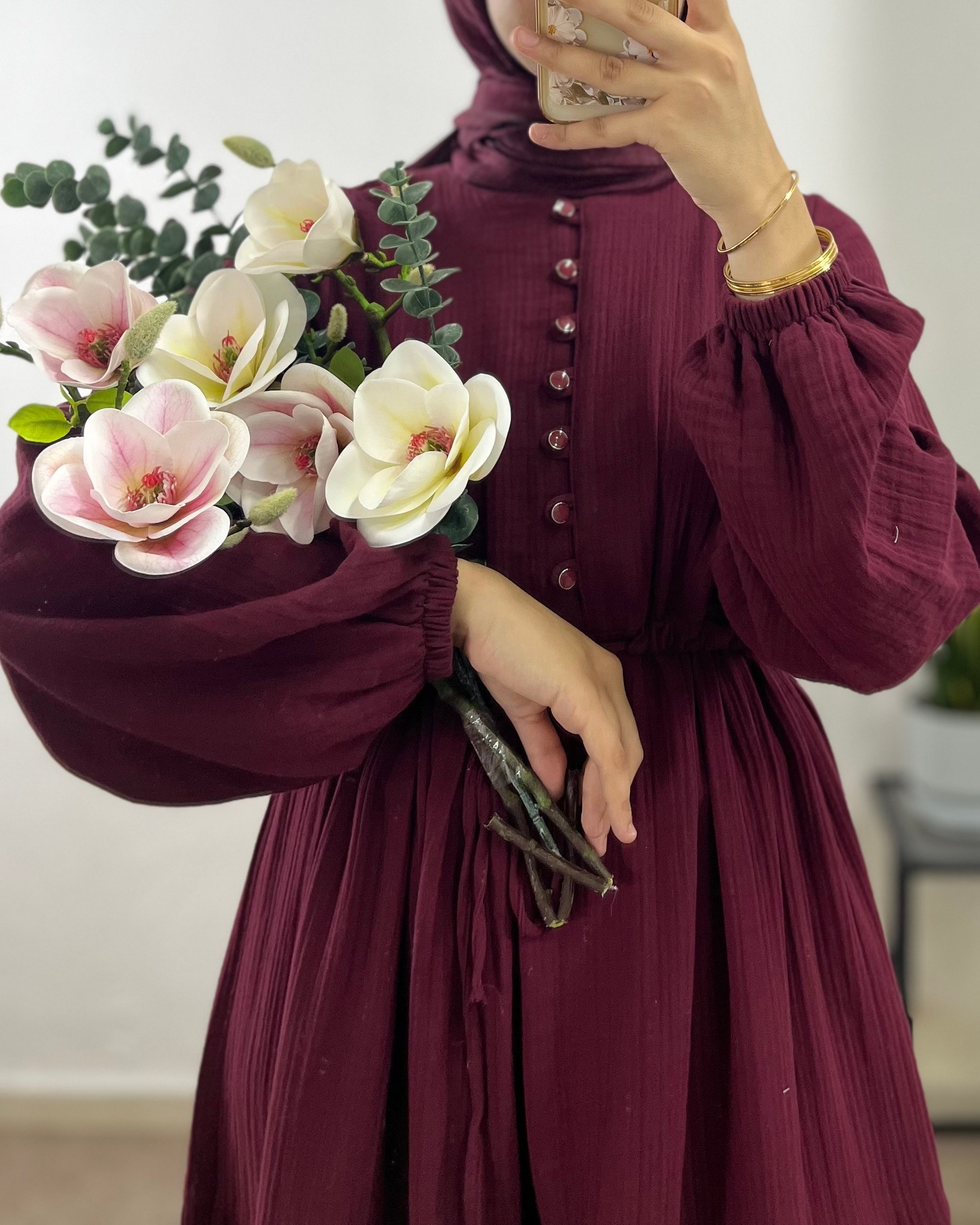 Bel Büzgülü Müslin Elbise - Bordo