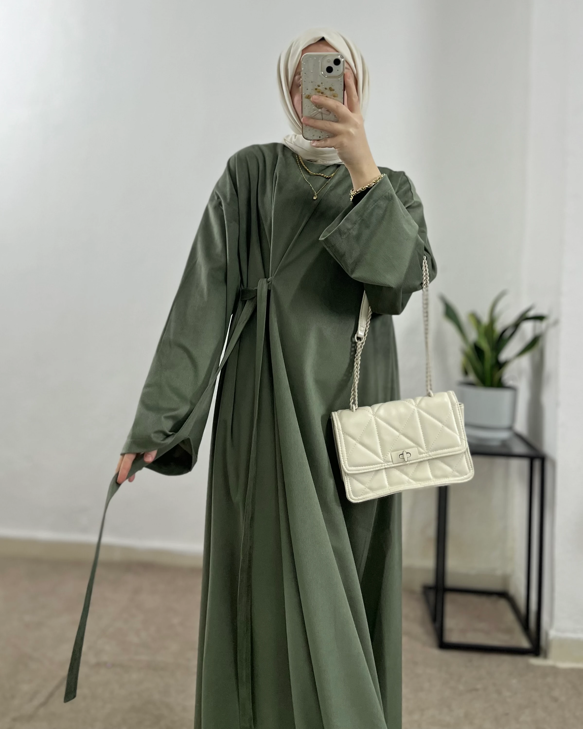 Kuşaklı İpek Kadife Elbise - Haki