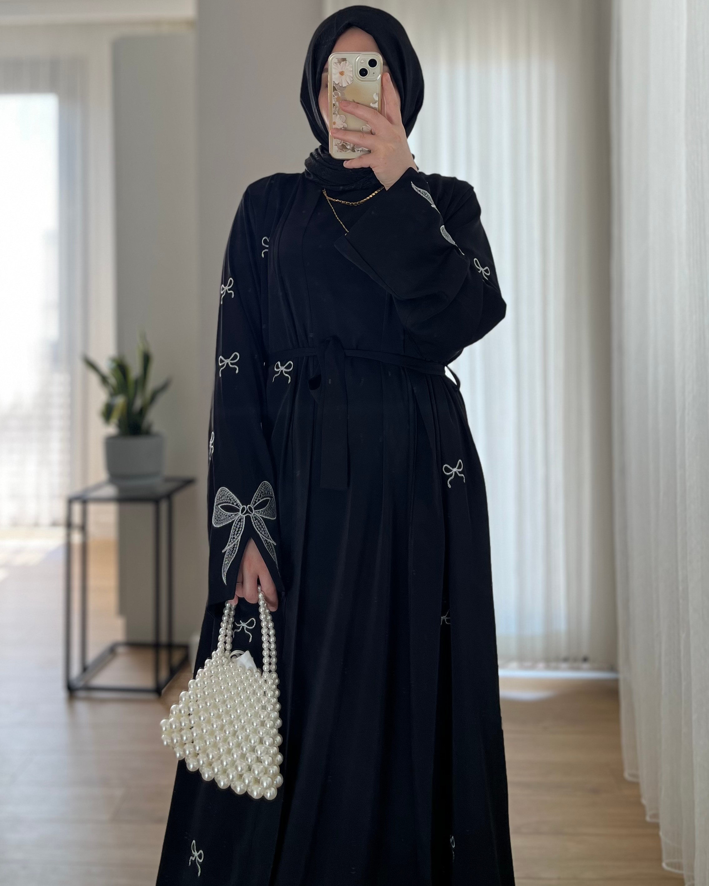 Kurdeleli Abaya Takım  - Siyah