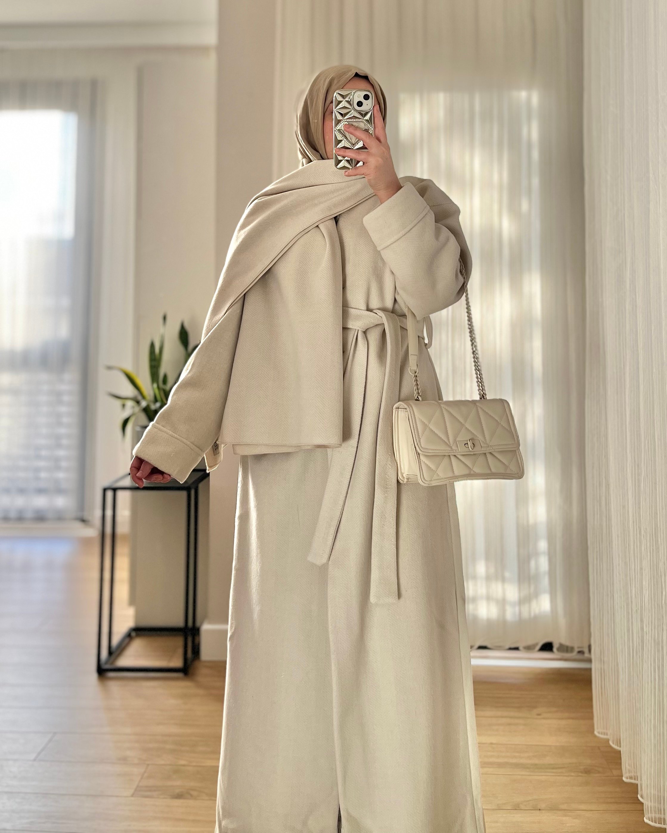 Premium Kaşe Kaban+Omuz Şalı Hediye-Ekru 
