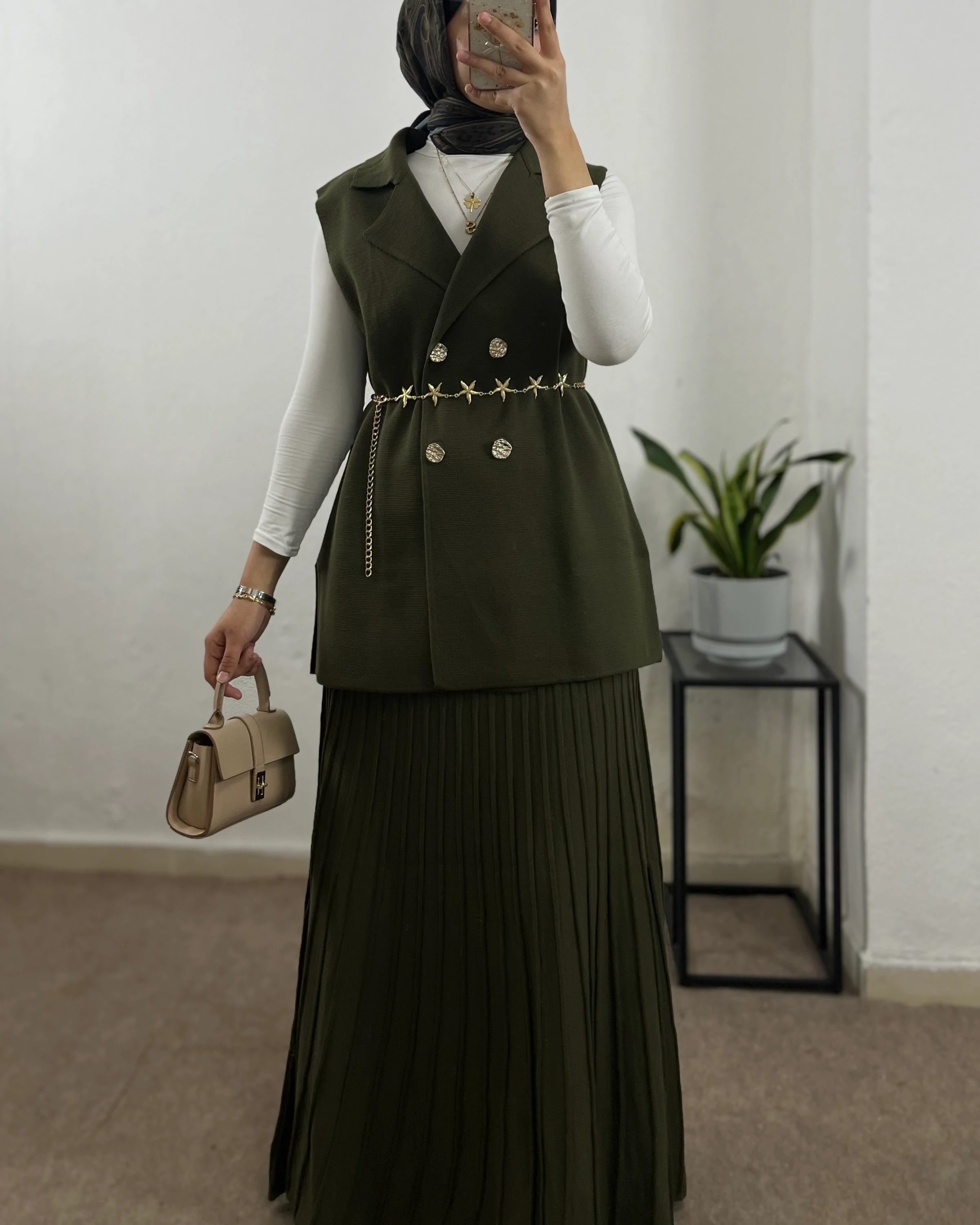 Yelek& Etekli Triko Takım+ (Kemer Hediyeli) - Haki