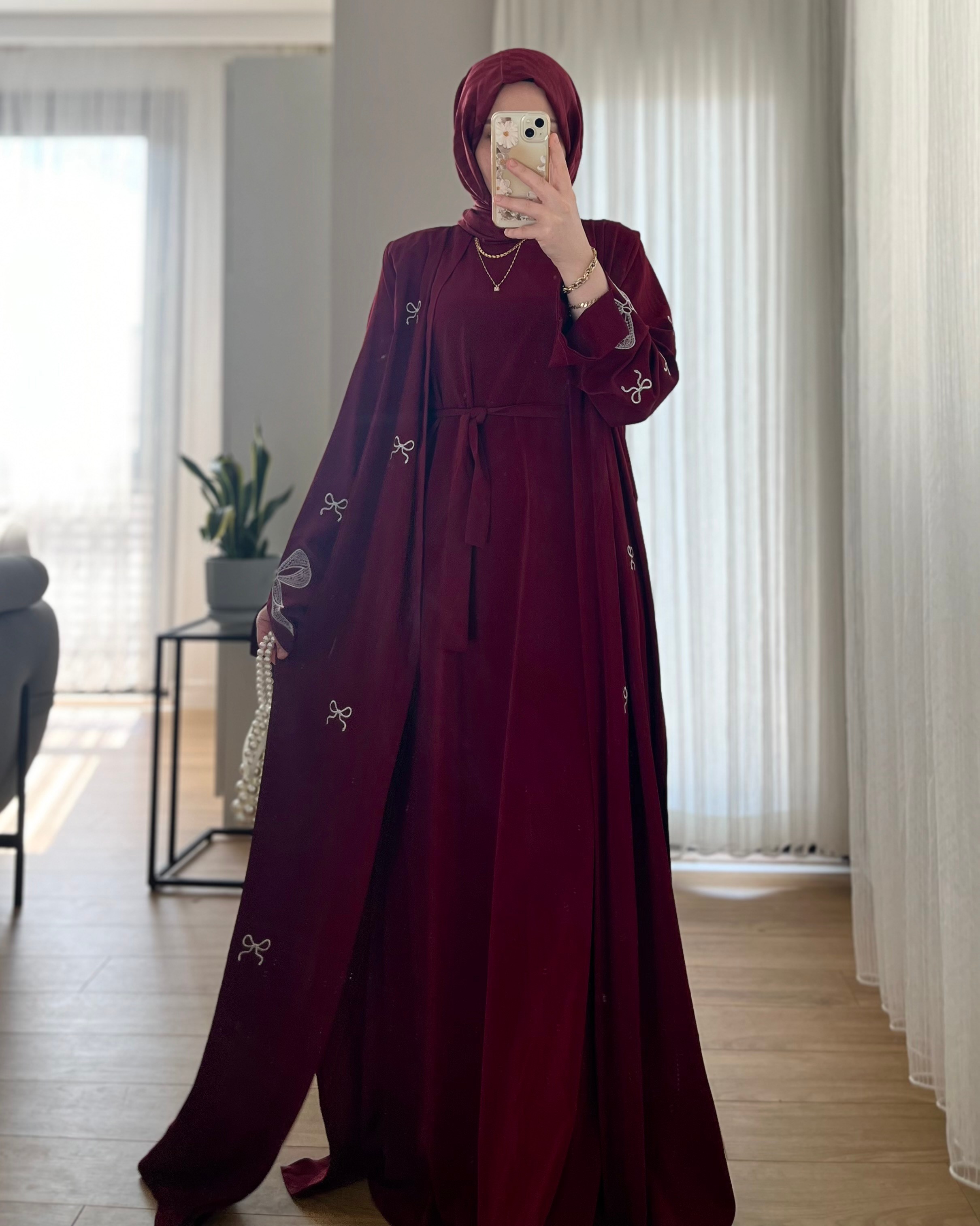 Kurdeleli Abaya Takım  - Bordo