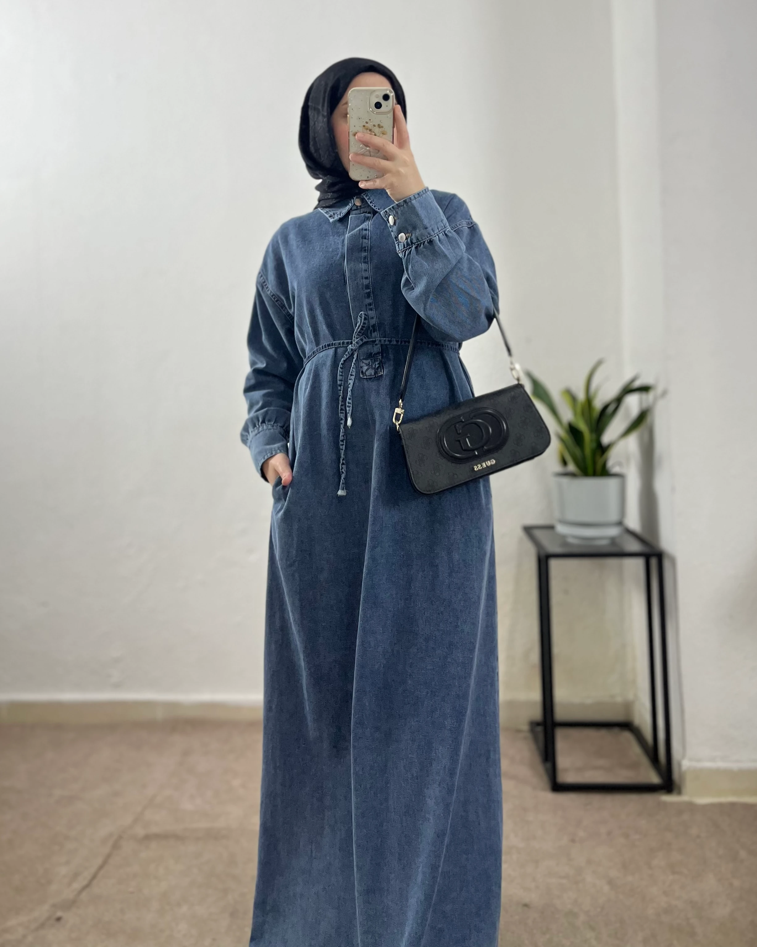 Yarım Düğmeli Kot Elbise