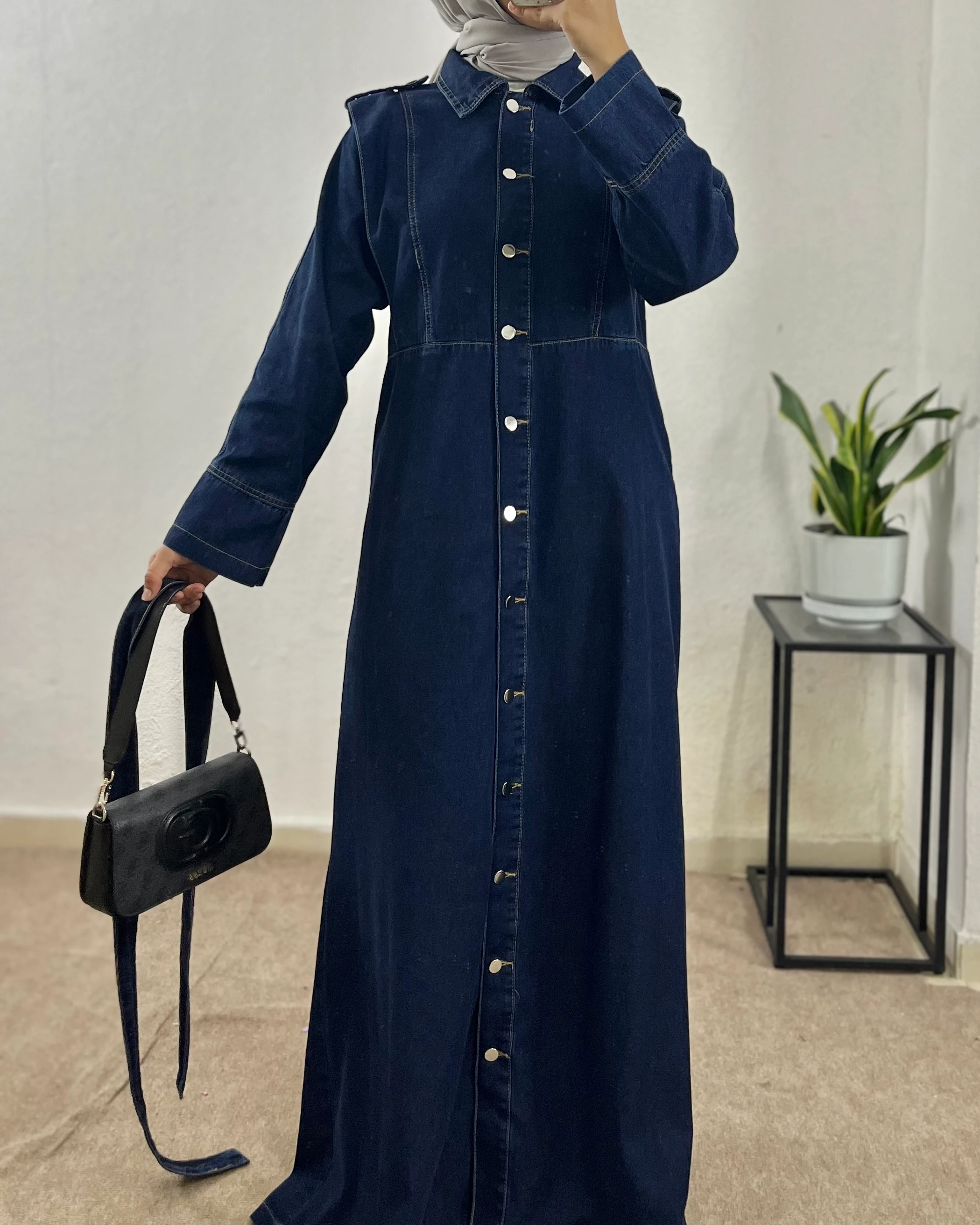 Apoletli Tam Boy Düğmeli Kot Elbise