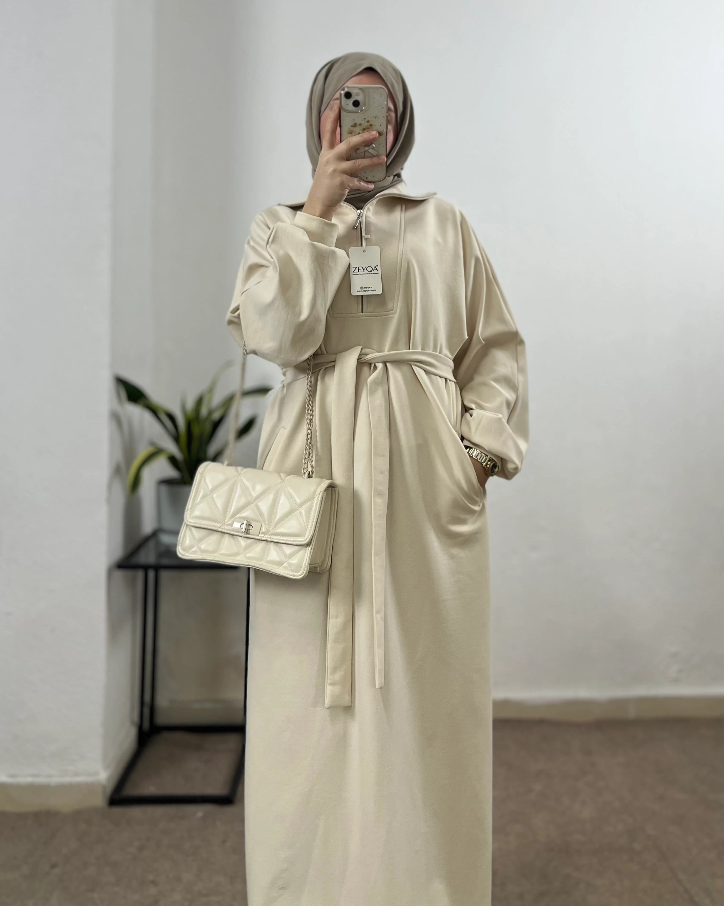 İki iplik Sweat Elbise - Krem