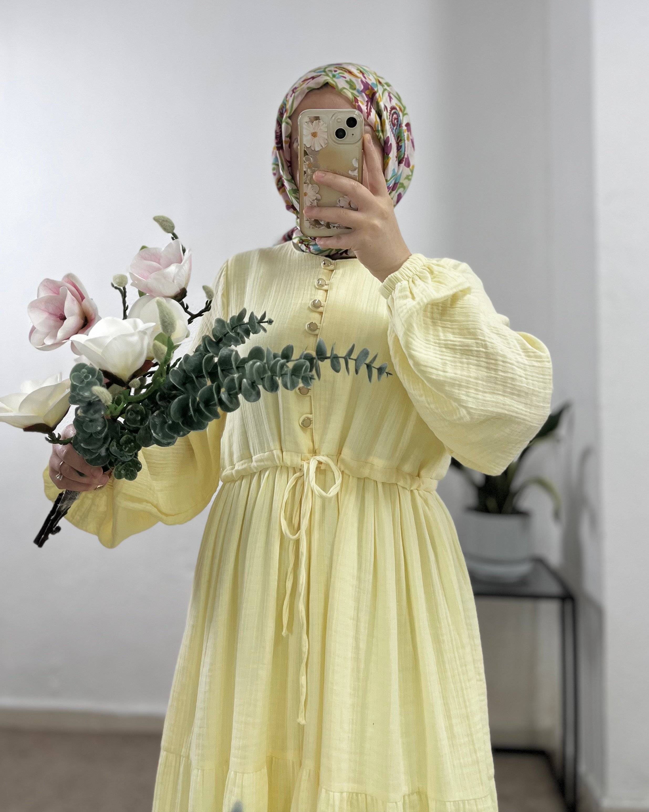 Bel Büzgülü Müslin Elbise - Pastel Sarı