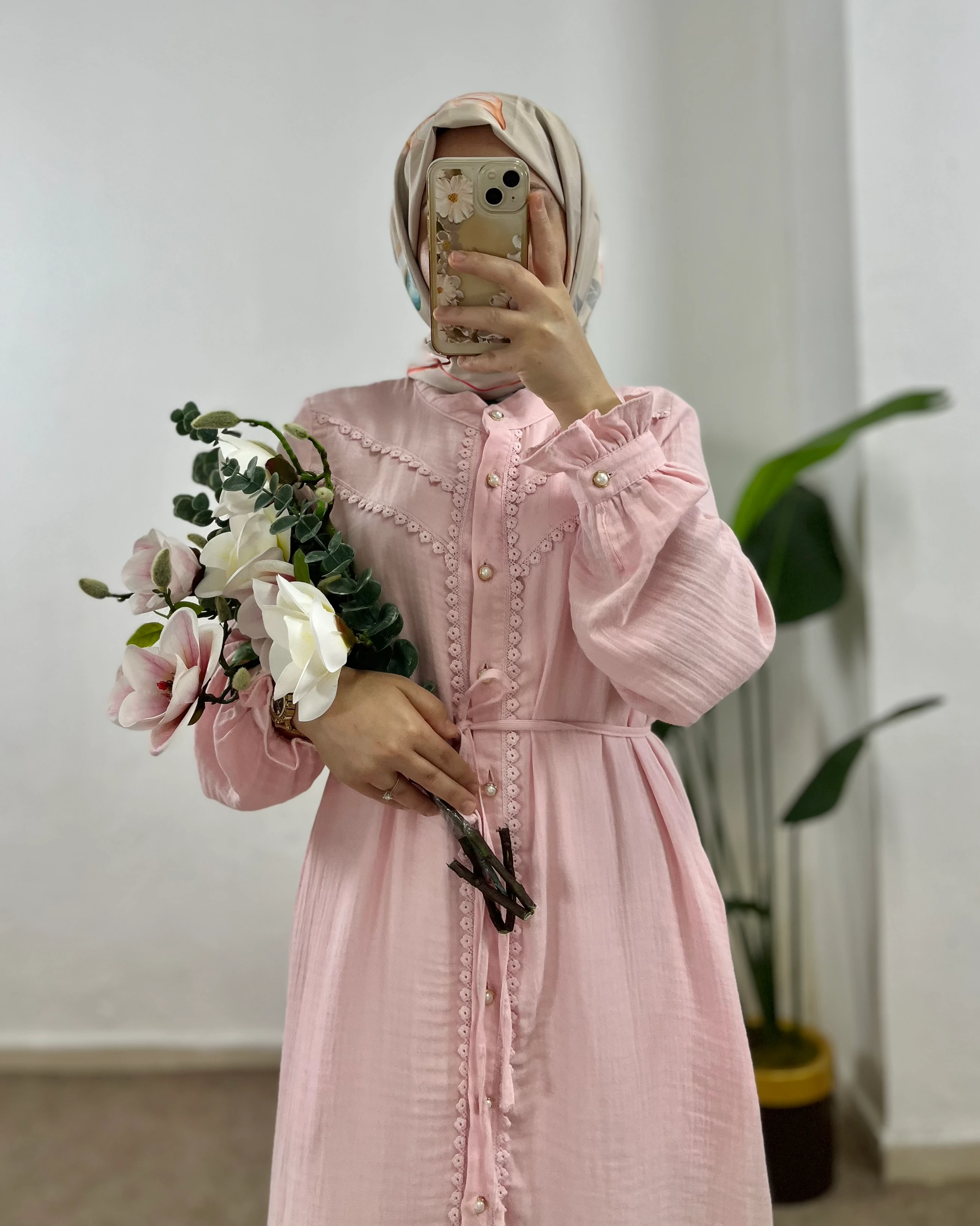 Dantel Detaylı Müslin Elbise  - Pudra