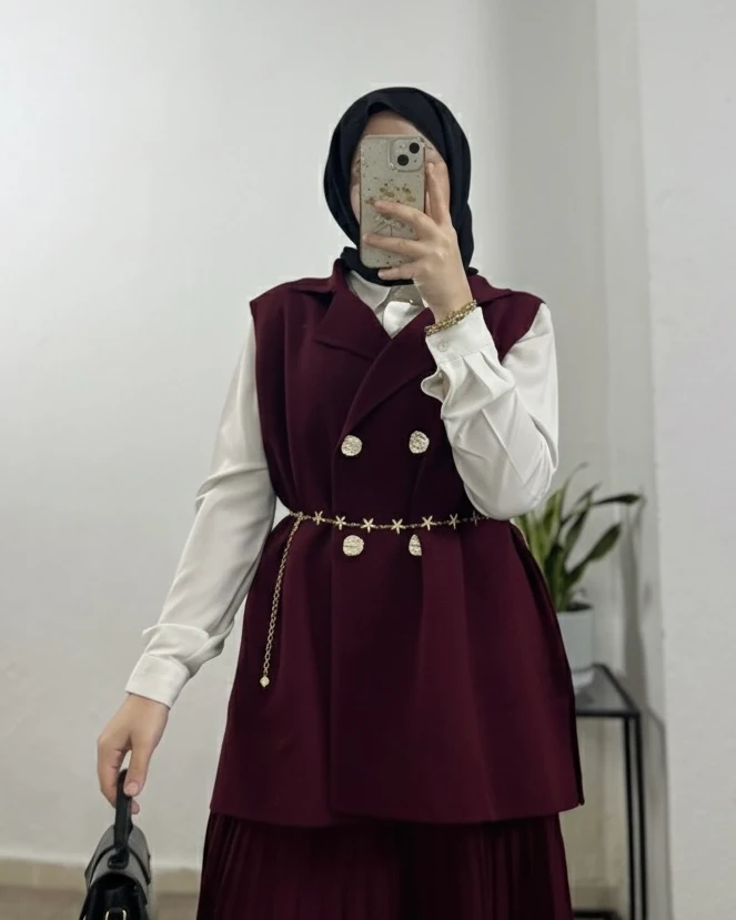 Yelek& Etekli Triko Takım+ (Kemer Hediyeli) - Bordo