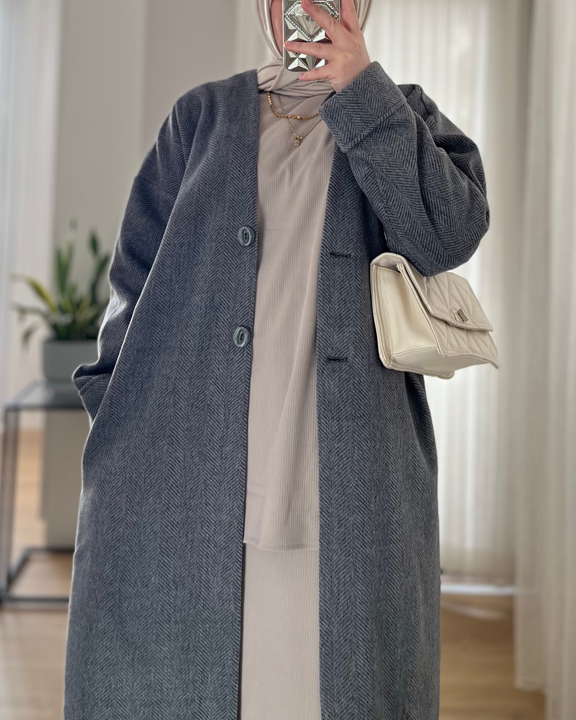 Premium Kaşe Kaban+Omuz Şalı Hediye-Füme
