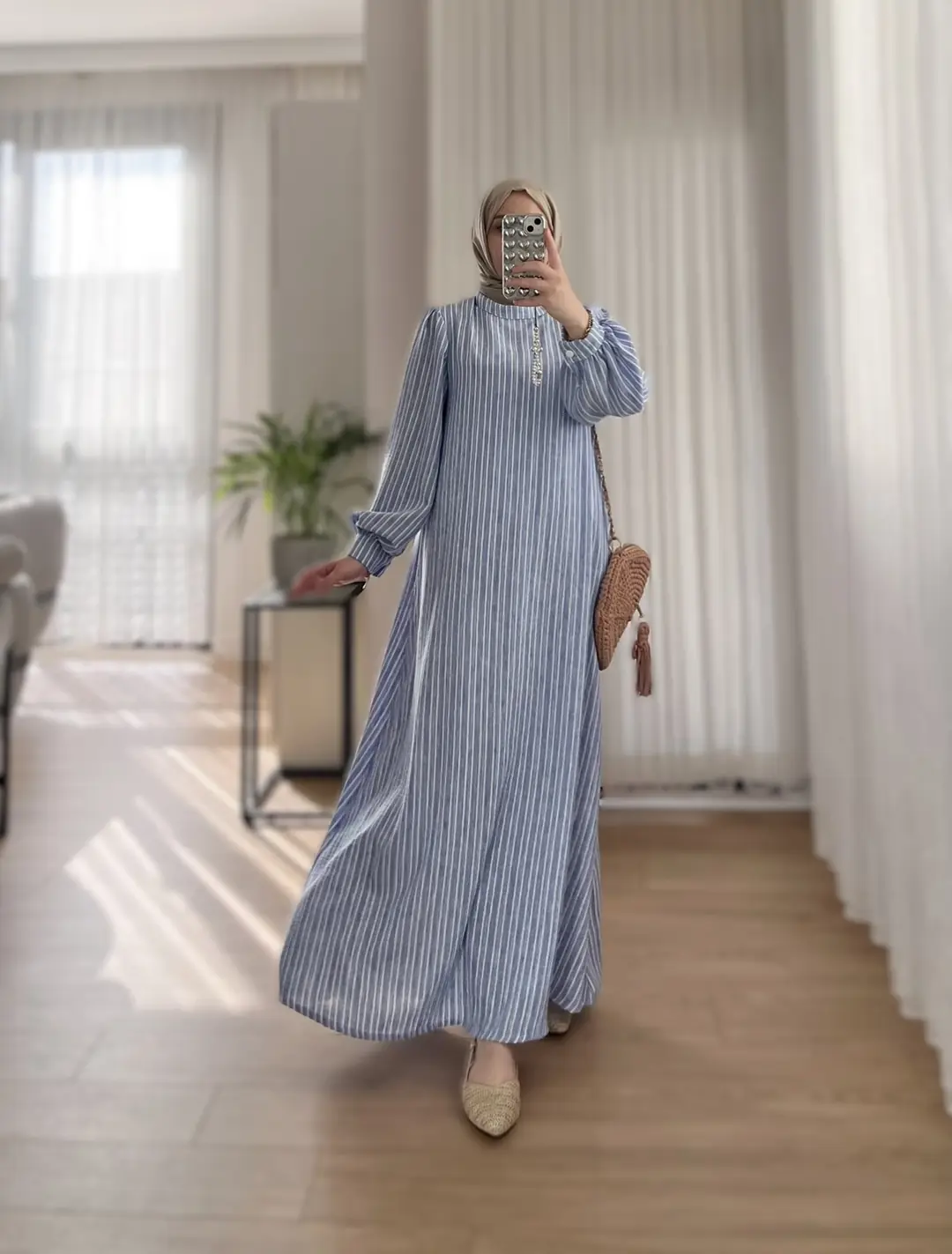 Çizgili Keten Ve Pamuklu Katmanlı Midi Elbise