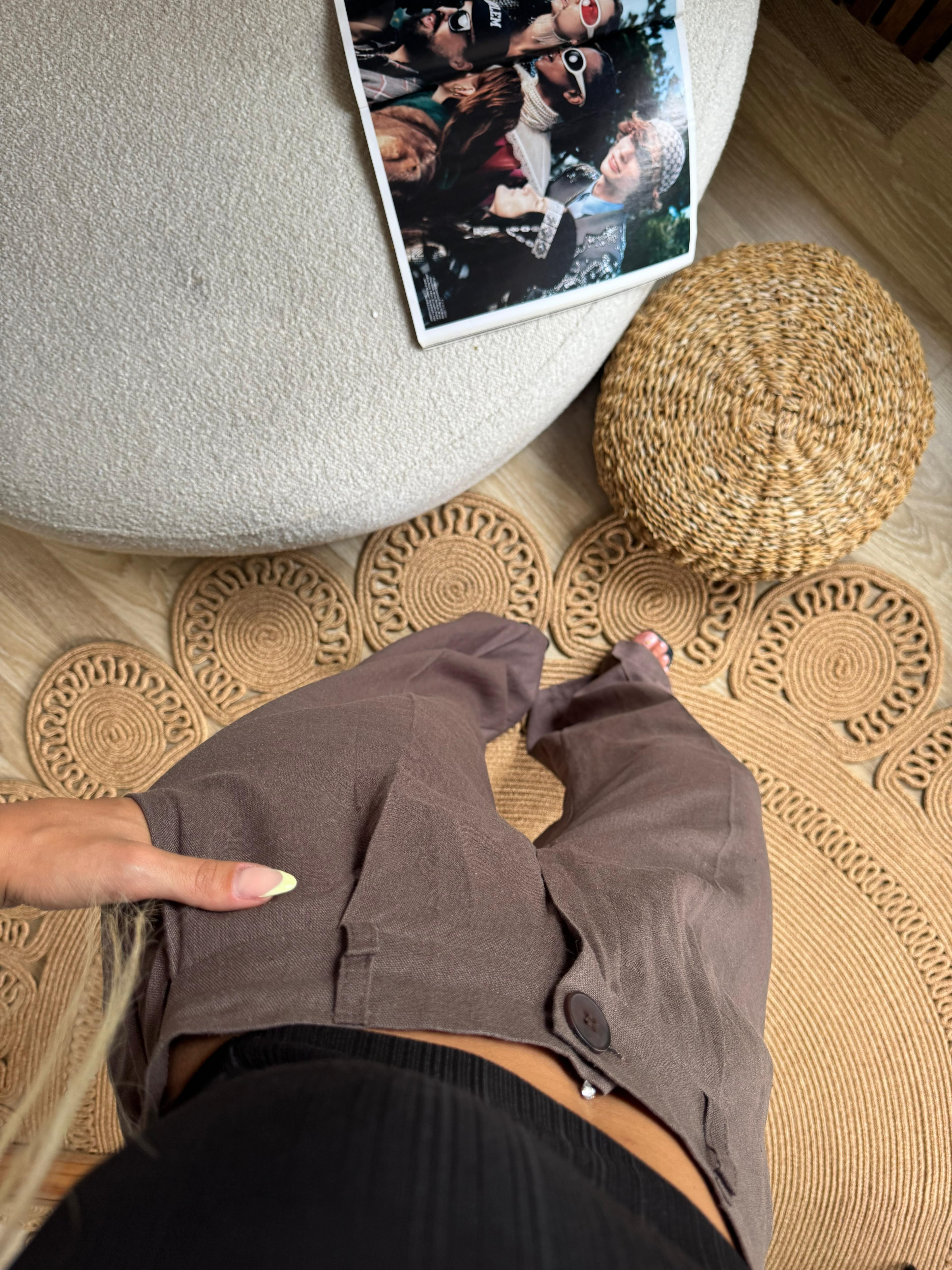 Mis Düğmeli Keten Pantolon  - Kahverengi