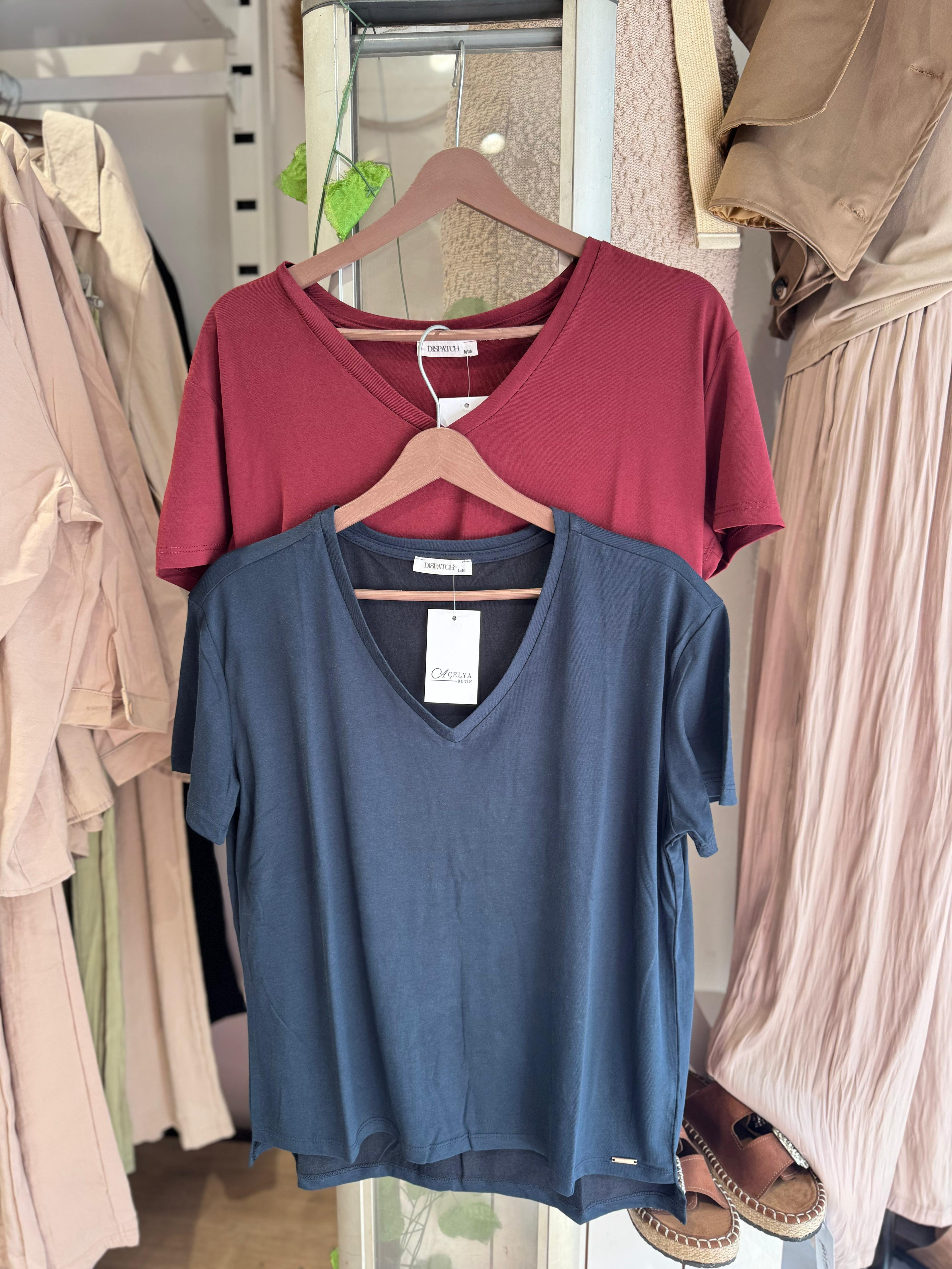 Dis Yumoş Kumaş V Yaka İnce T-Shirt - Bordo