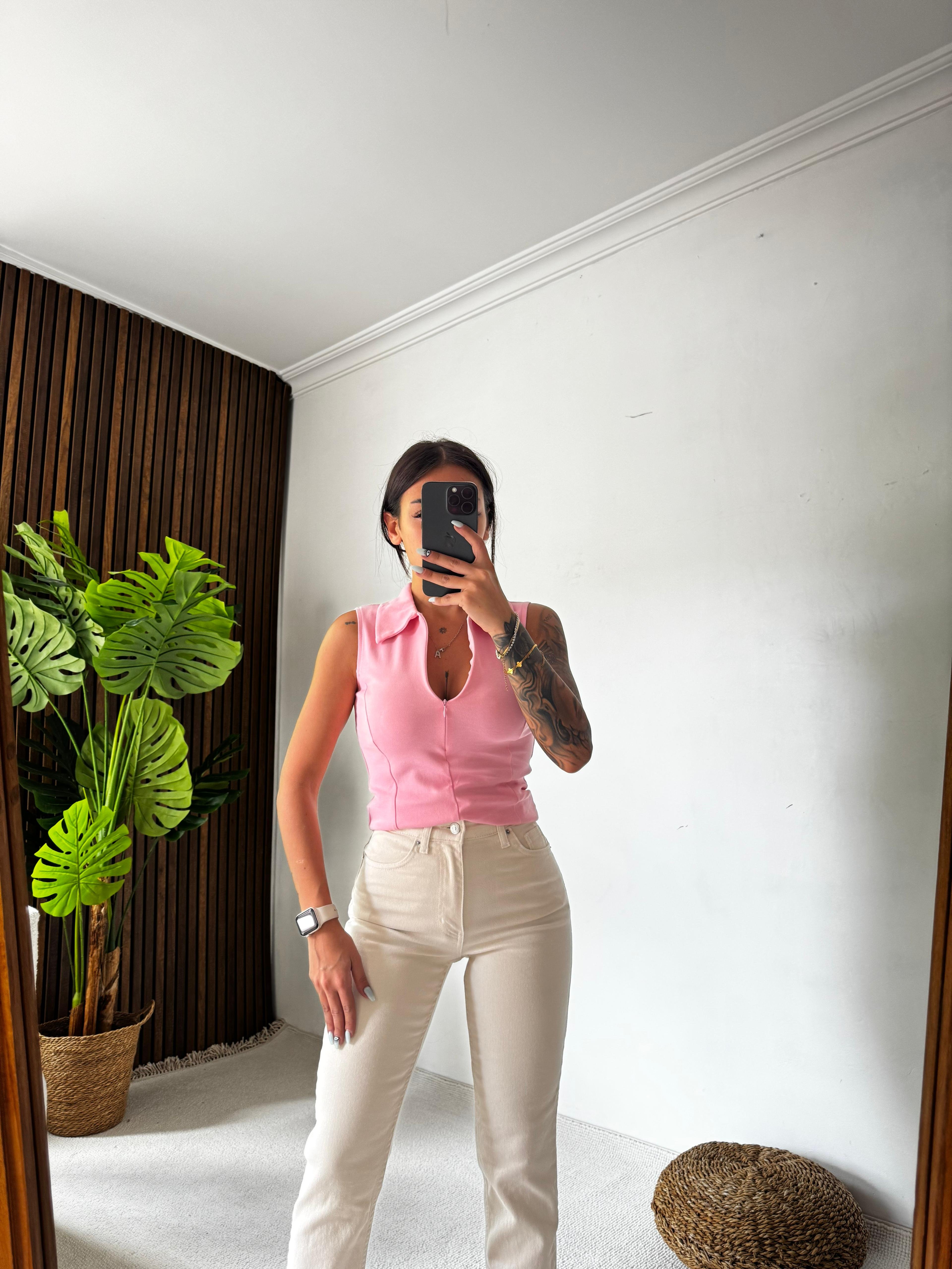 Hot Fermuarlı Polo Yaka Tişört - Pembe