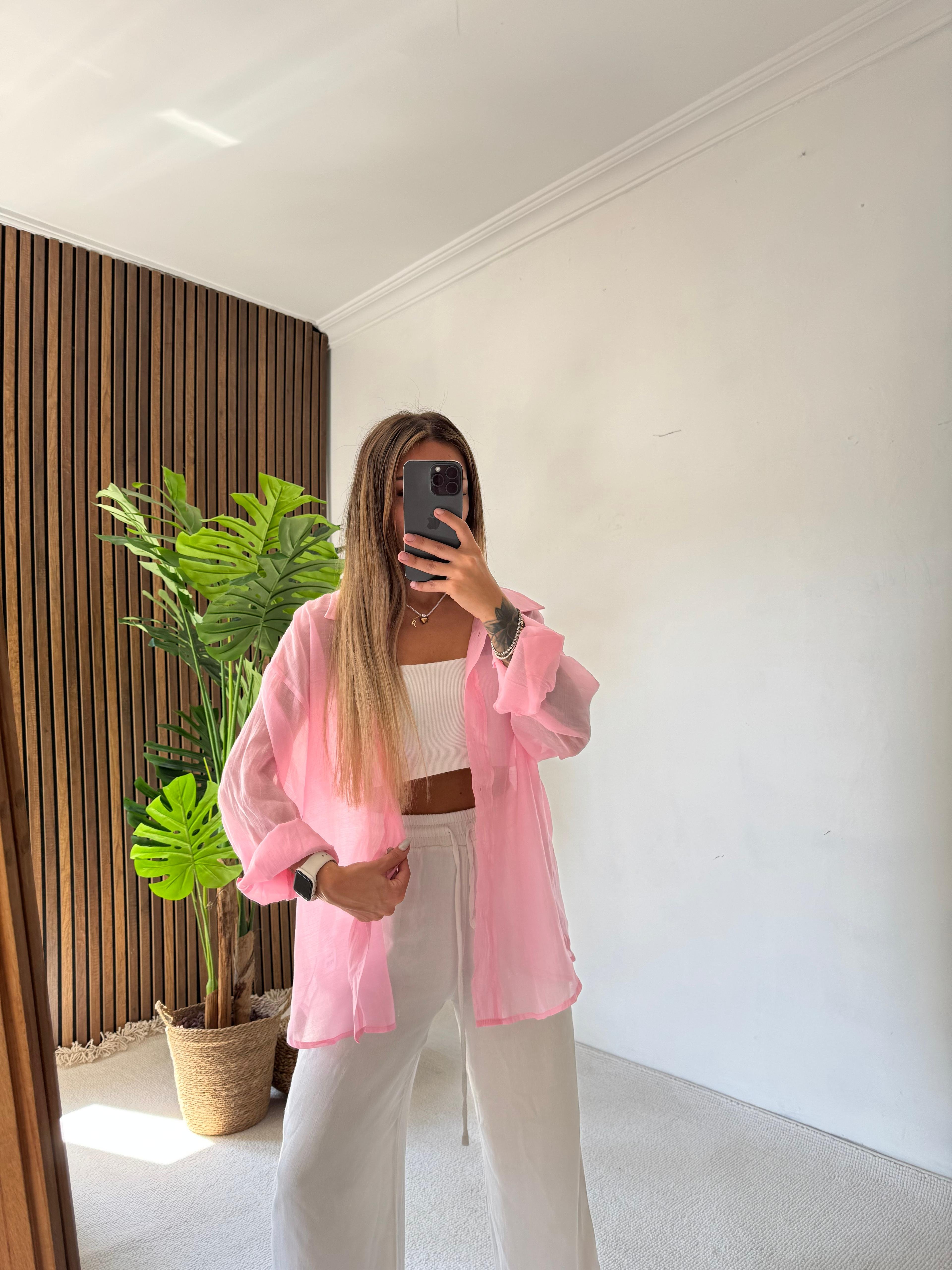 Mis Owersıze İpeksi Gömlek - Pembe