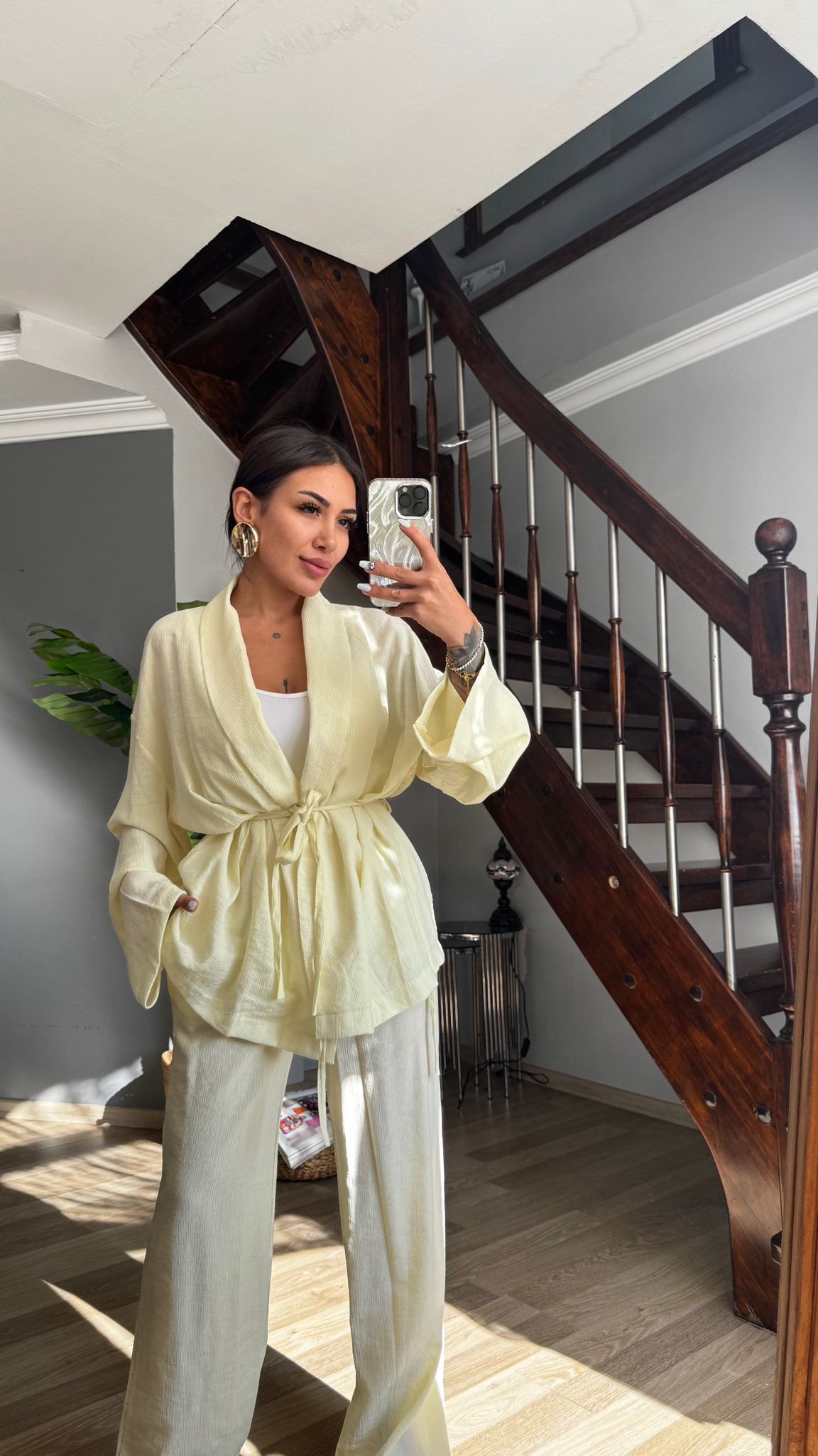 Hot Takım Şal Yaka Kimono  - sarı