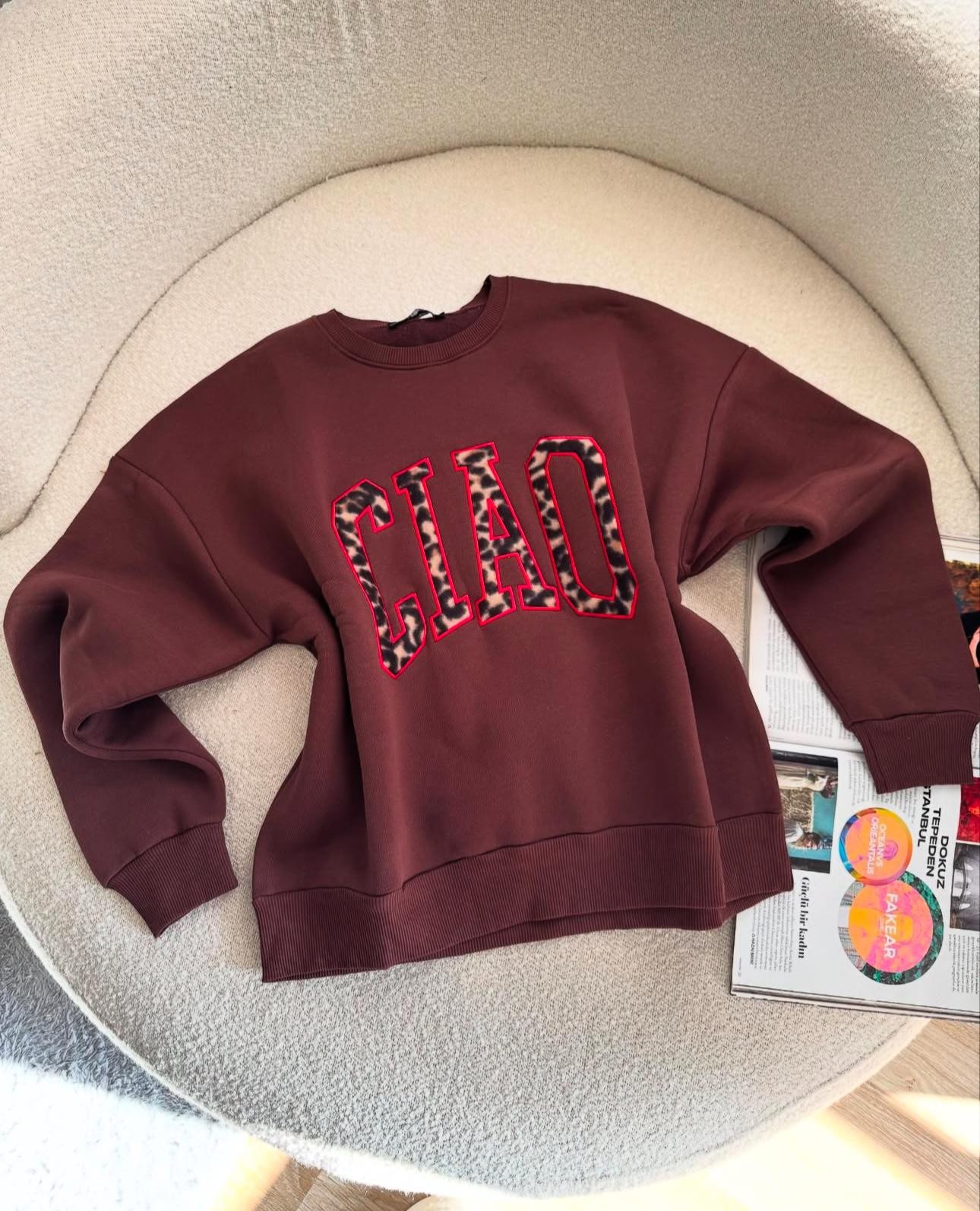 Leoparla Nakışlı Sweatshirt - Kahverengi