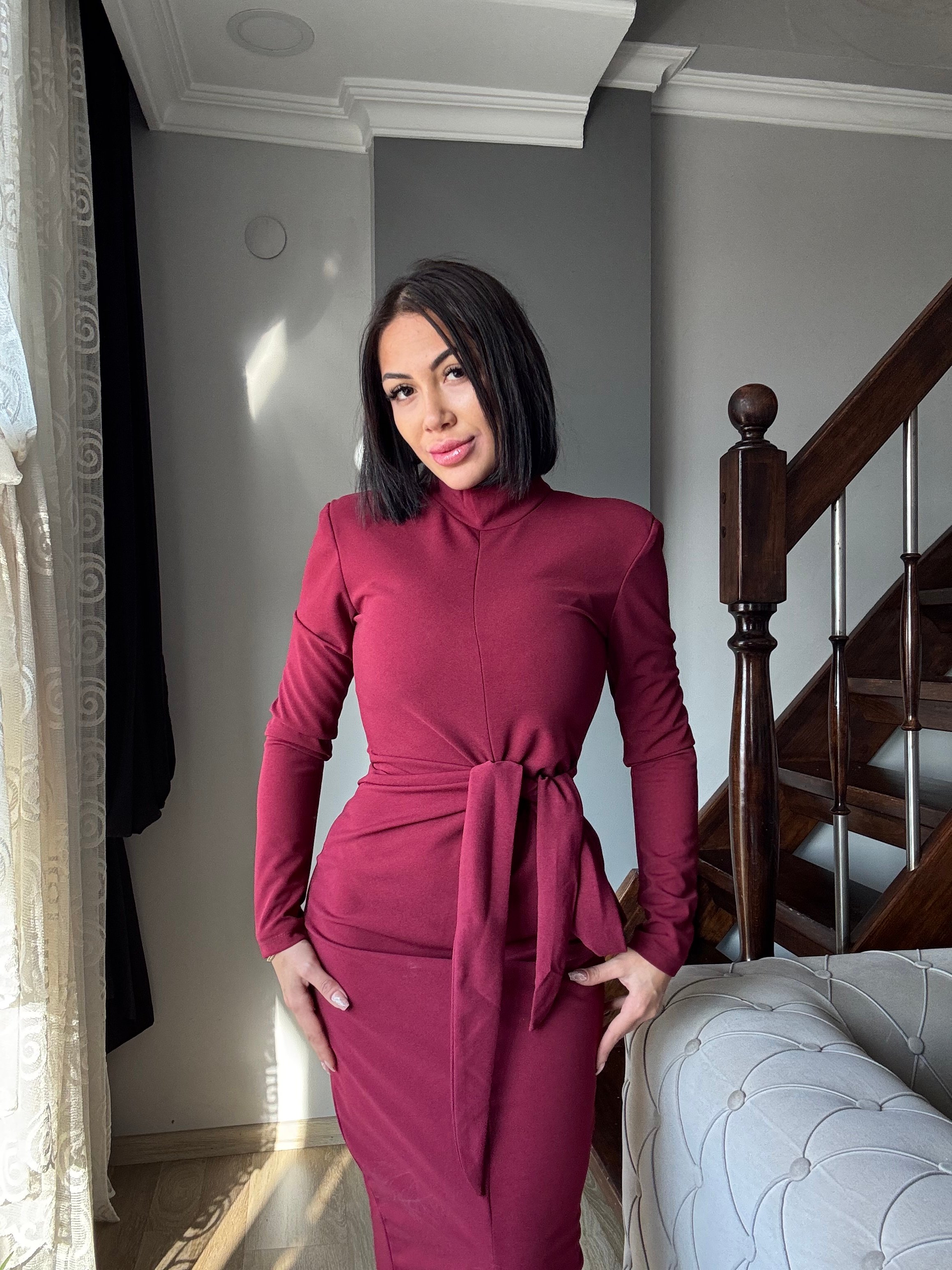 Önden Bağlamalı Polyester Kumaş Vataklı Elbise