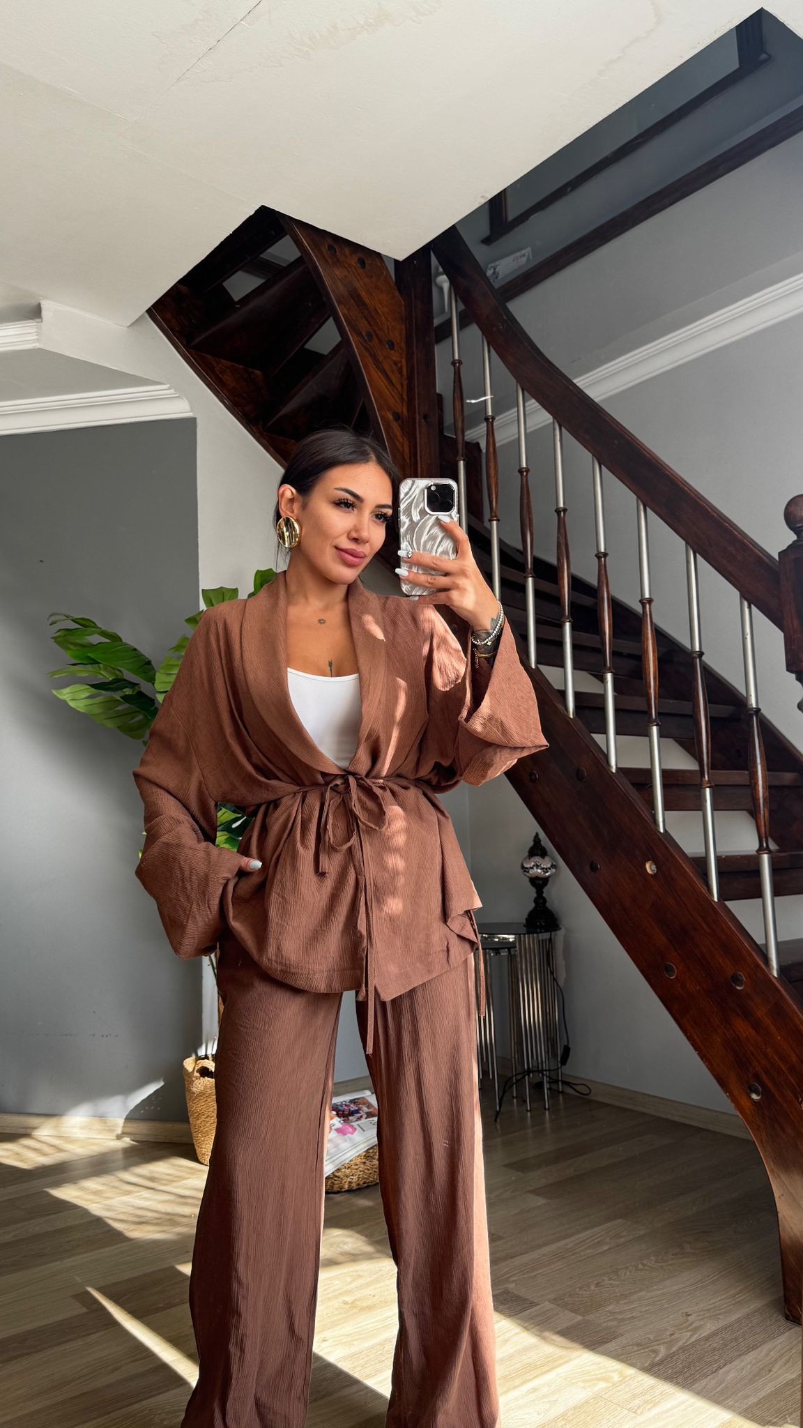 Hot Takım Şal Yaka Kimono  - Kahverengi
