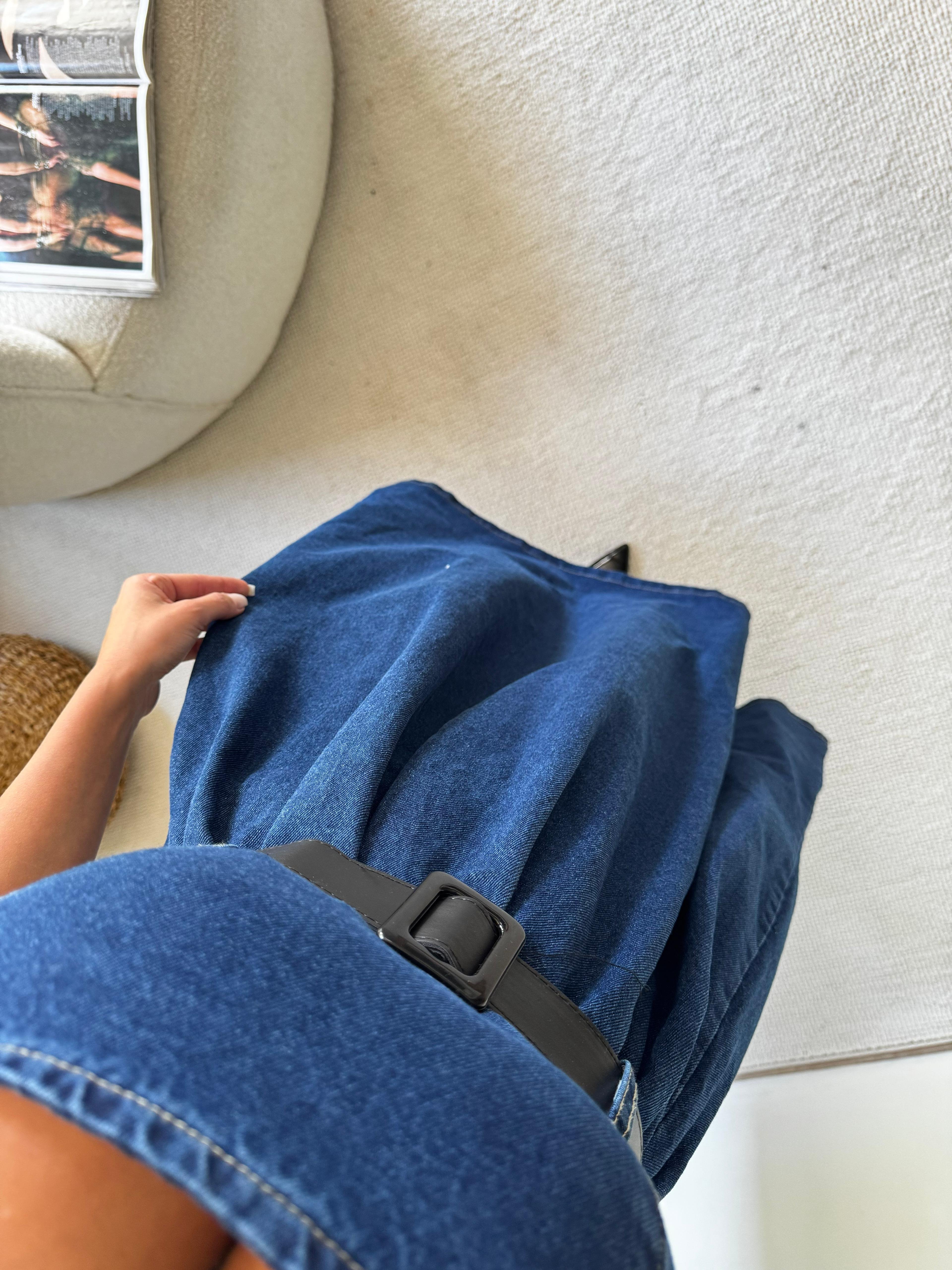 Sto Kemerli Askılı Ara Boy Denim Elbise  - Mavi