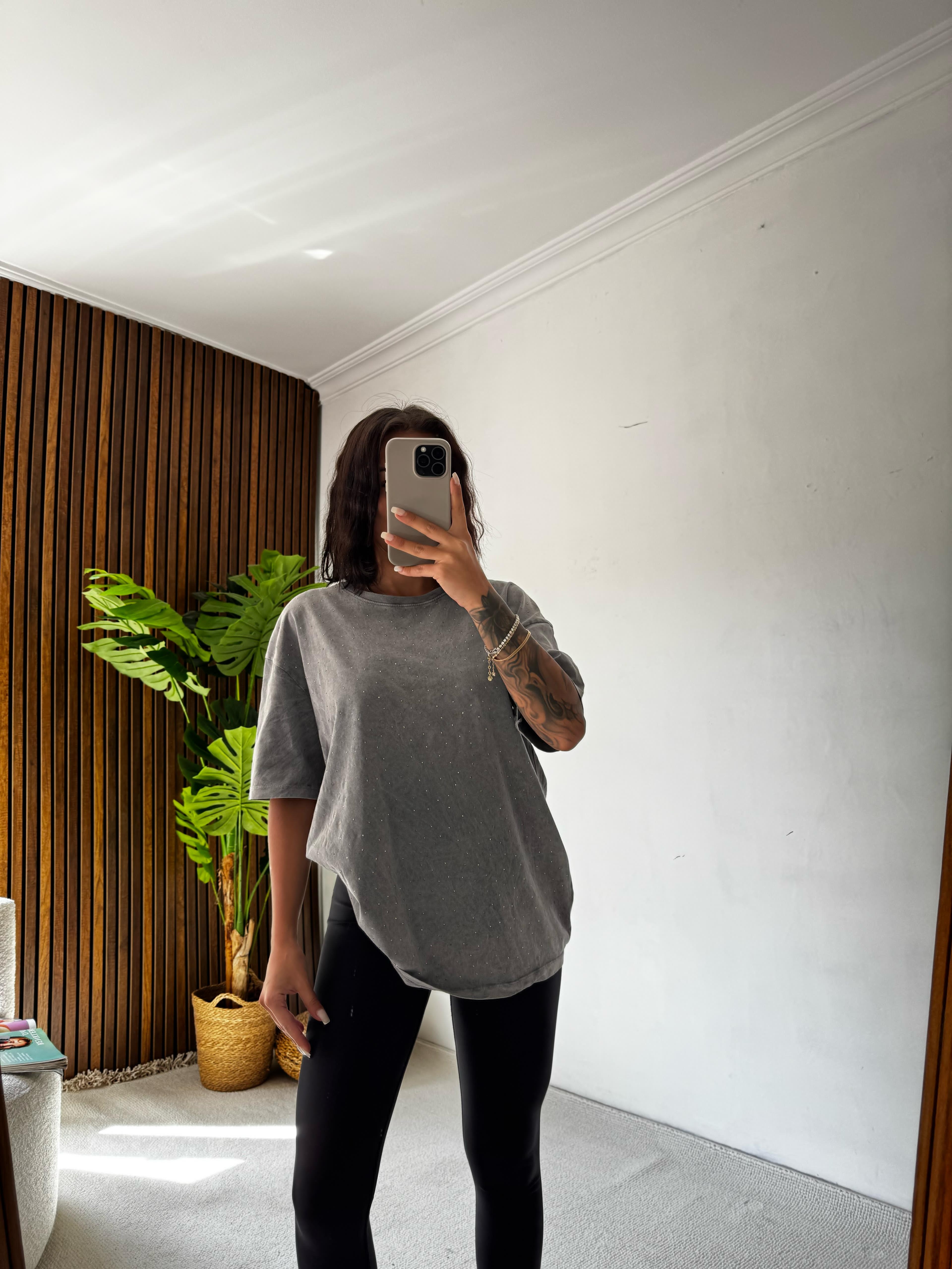 Taşlı Oversize Tshirt - Gri