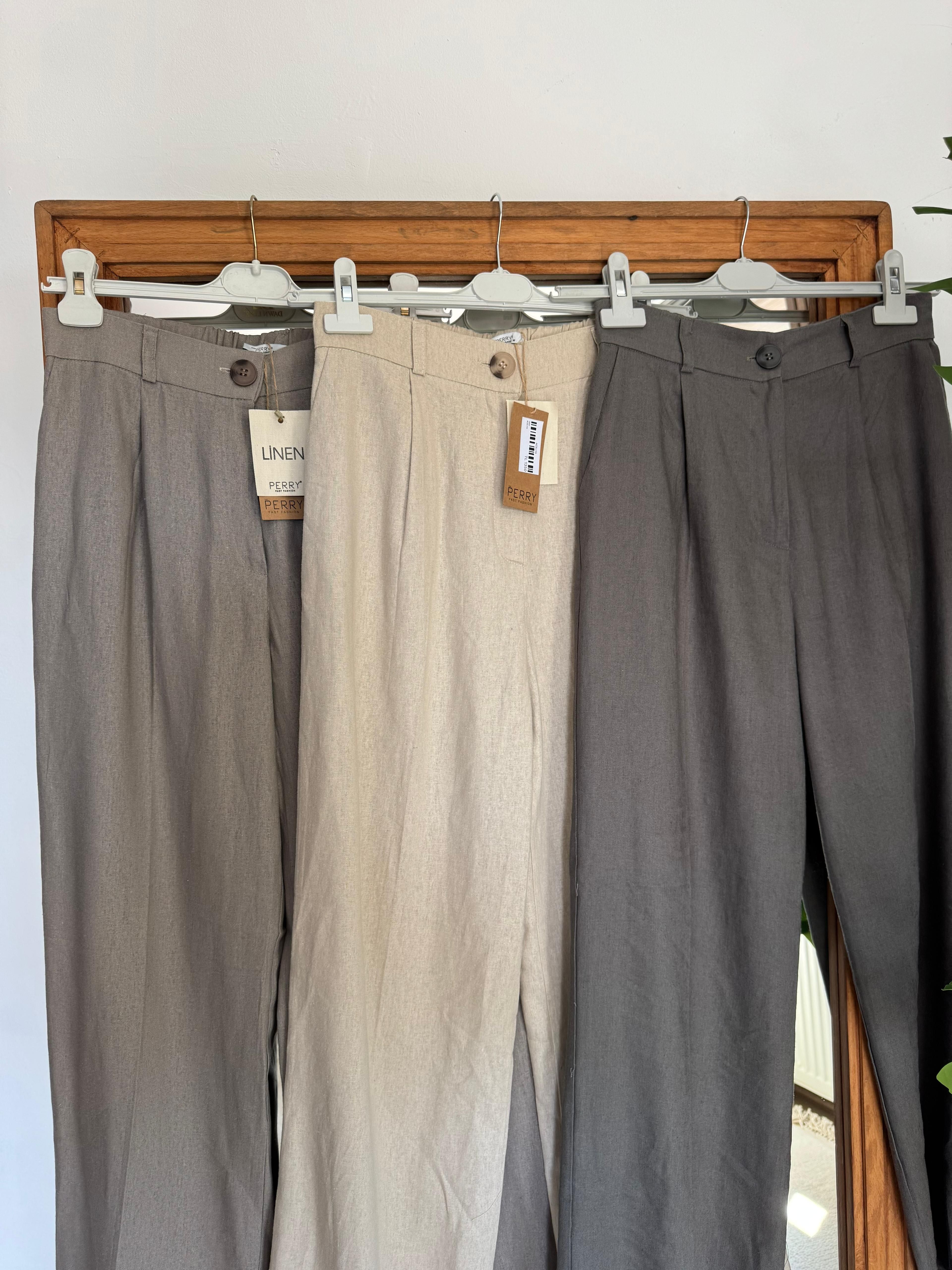Mis Düğmeli Keten Pantolon  - Krem