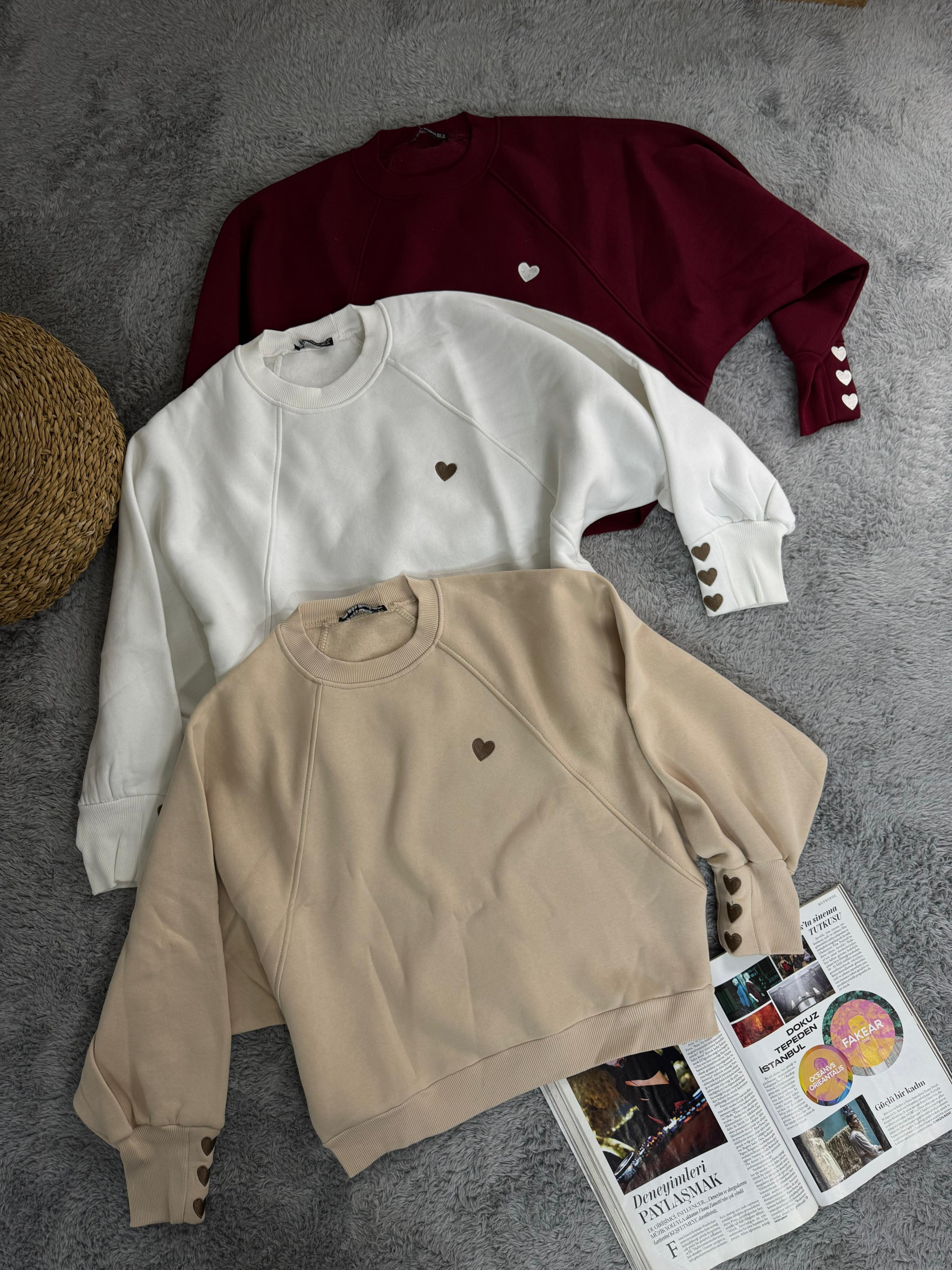 Ön ve Kollar Kalp Nakışlı Sweatshirt - Mürdüm