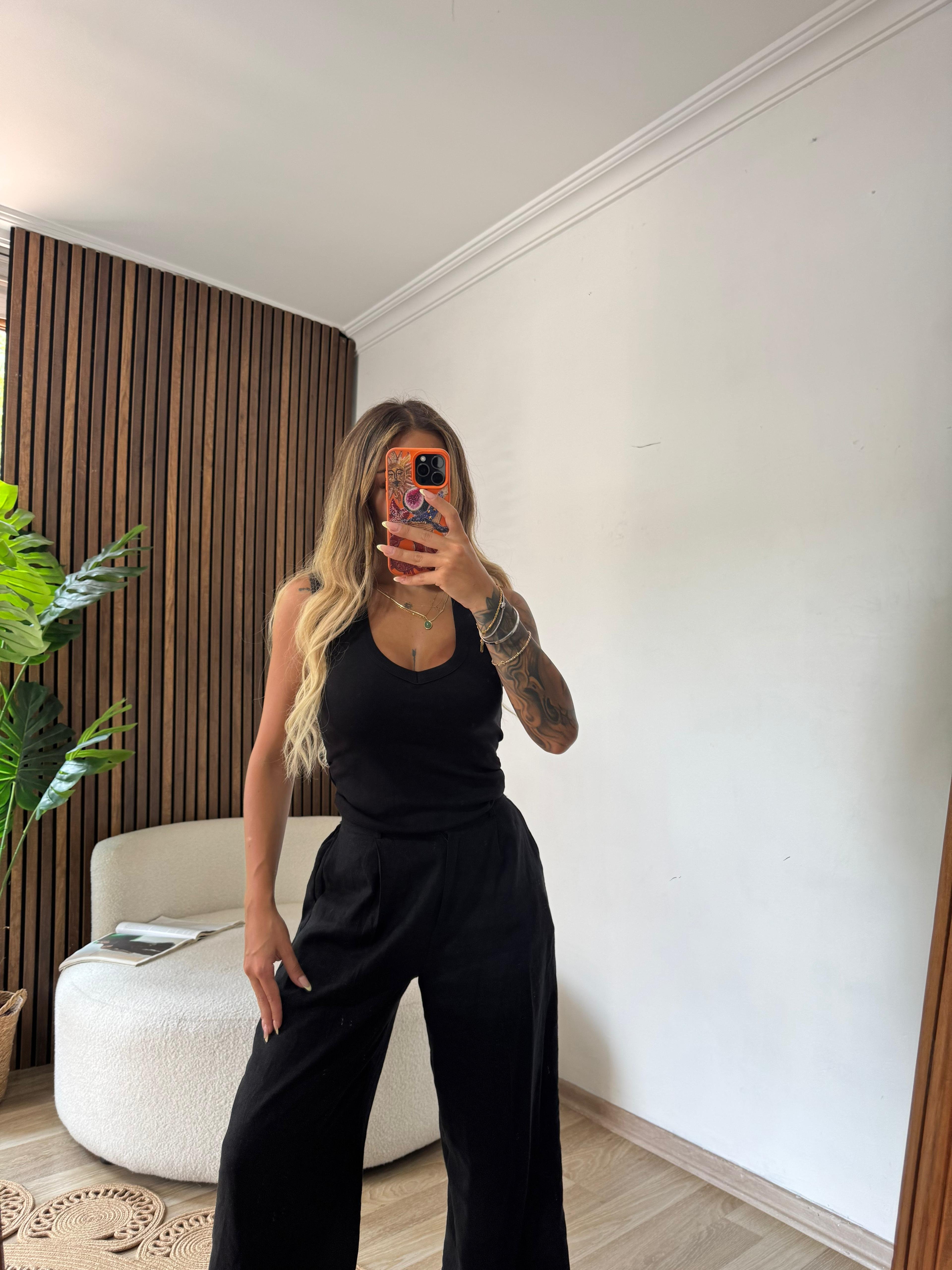 Mis Düğmeli Keten Pantolon  - Siyah