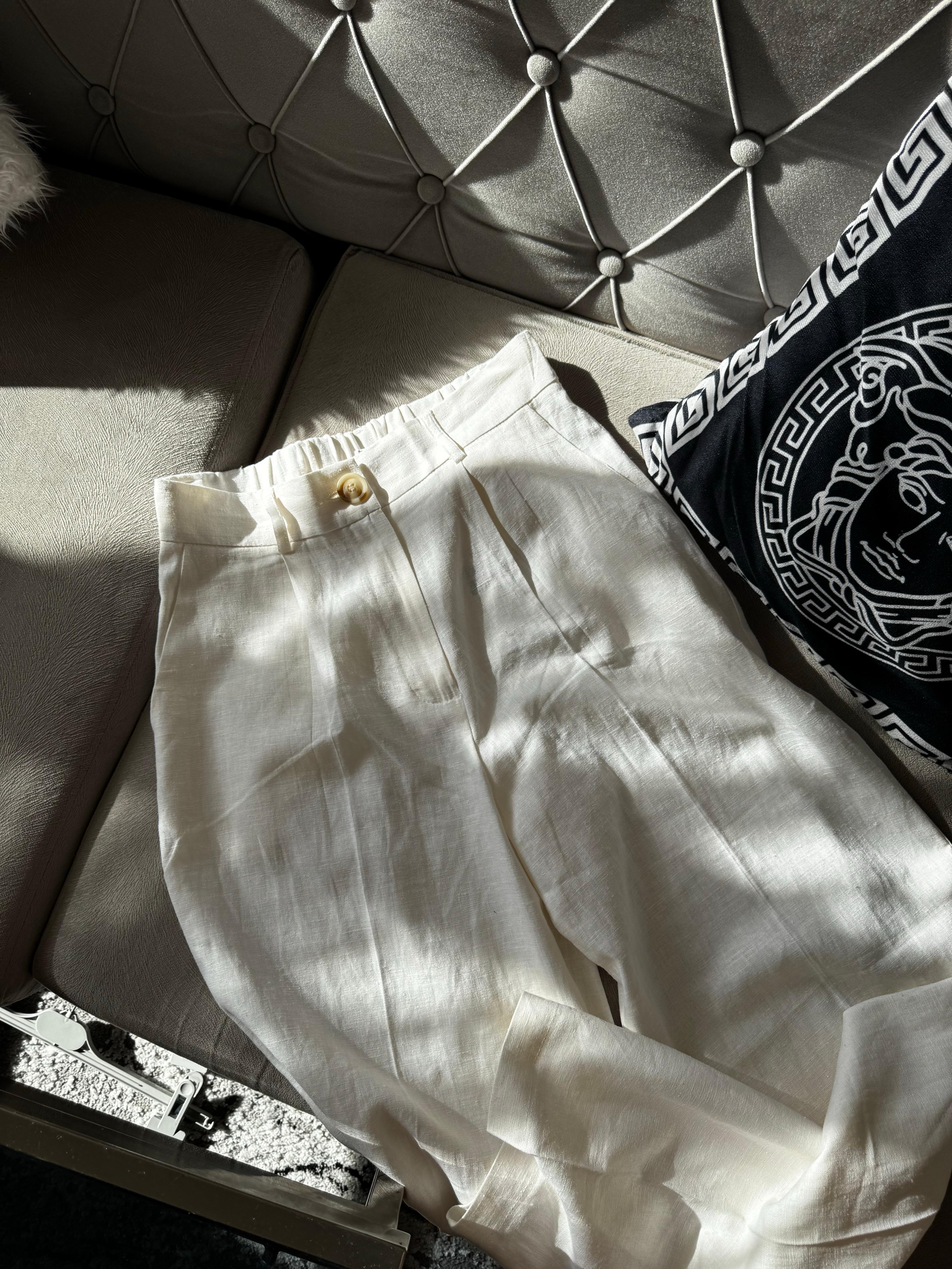 Mis Düğmeli Keten Pantolon  - Beyaz