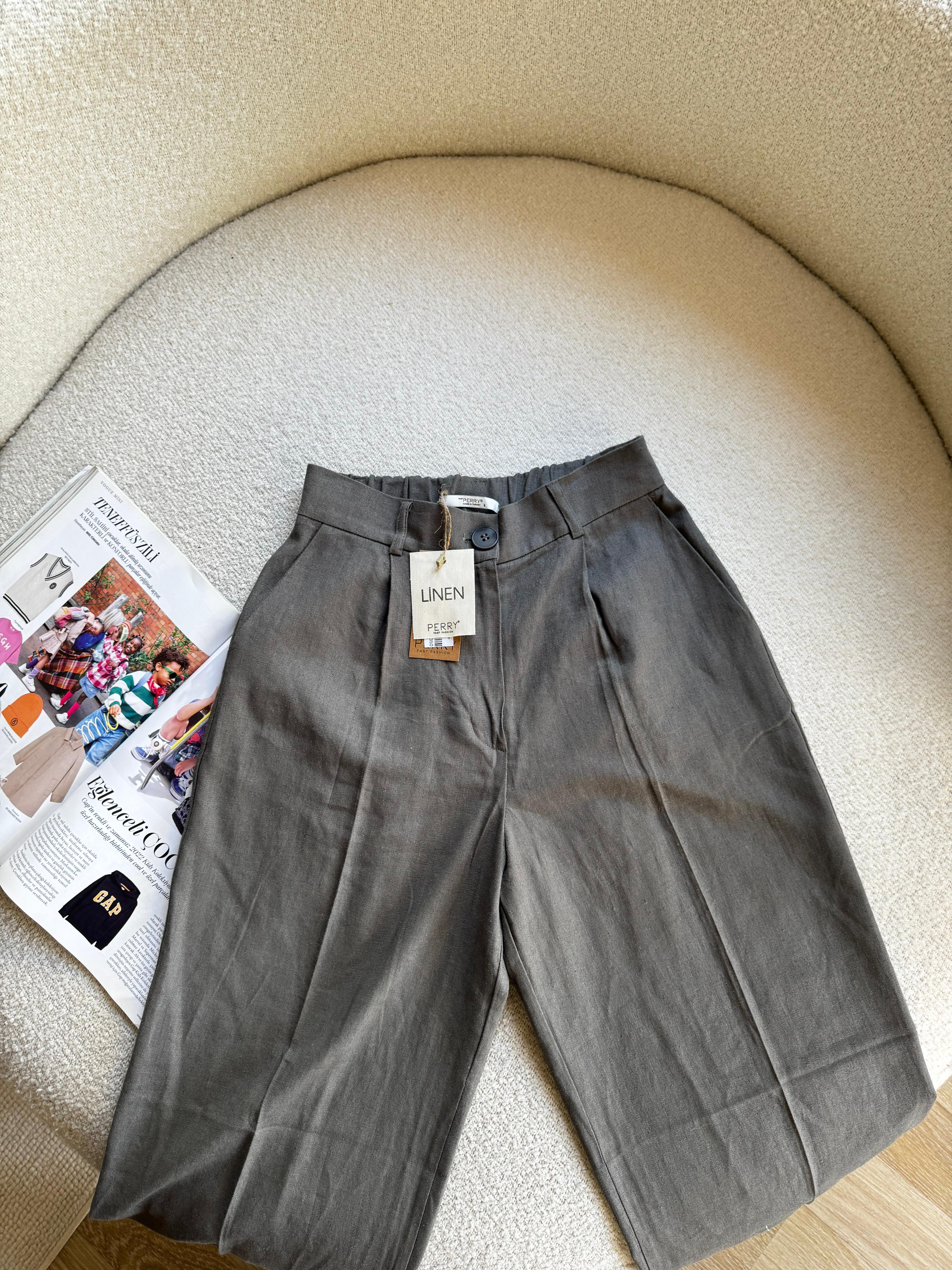 Mis Düğmeli Keten Pantolon  - Haki