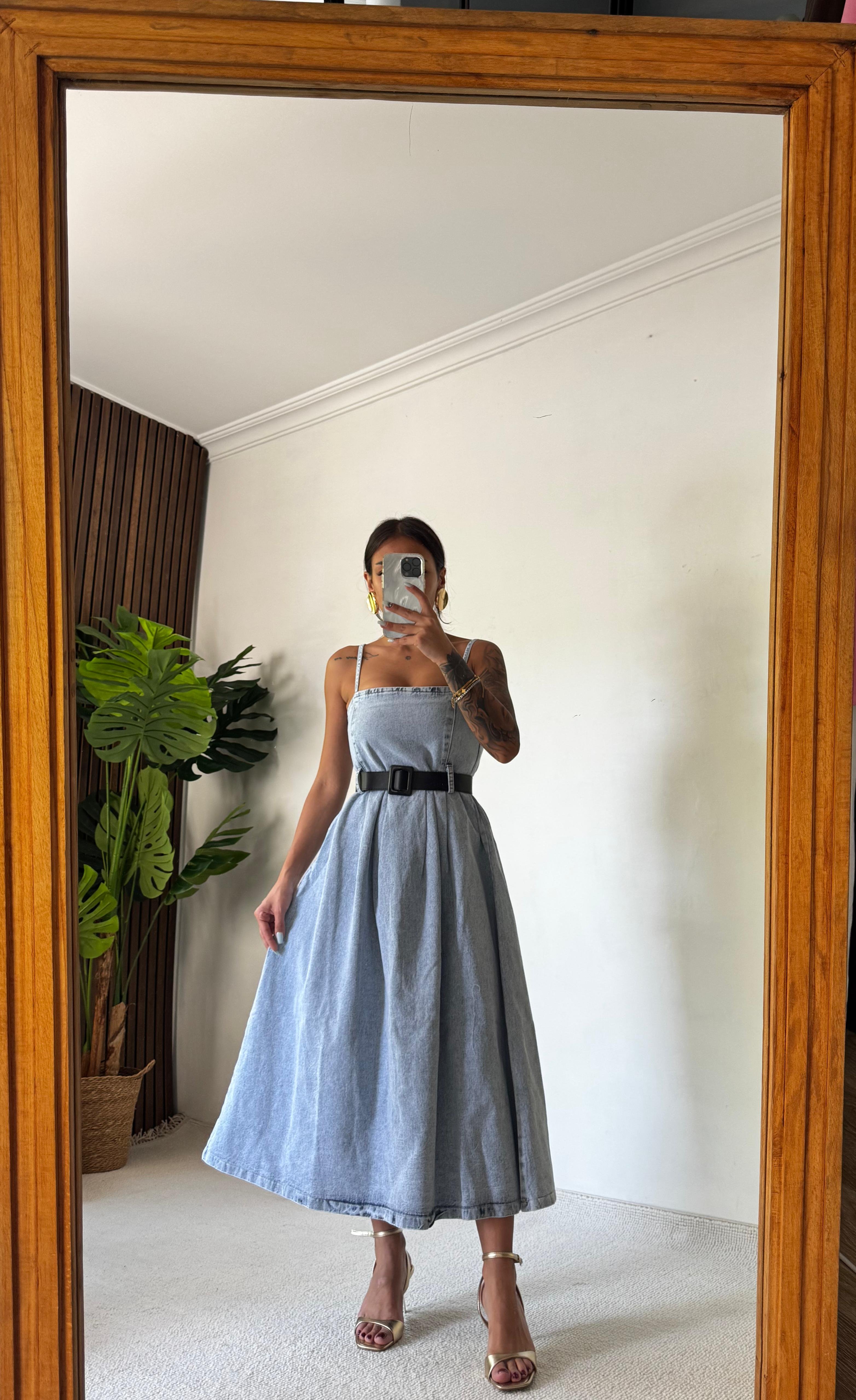Sto Kemerli Denim Elbise - Mavi
