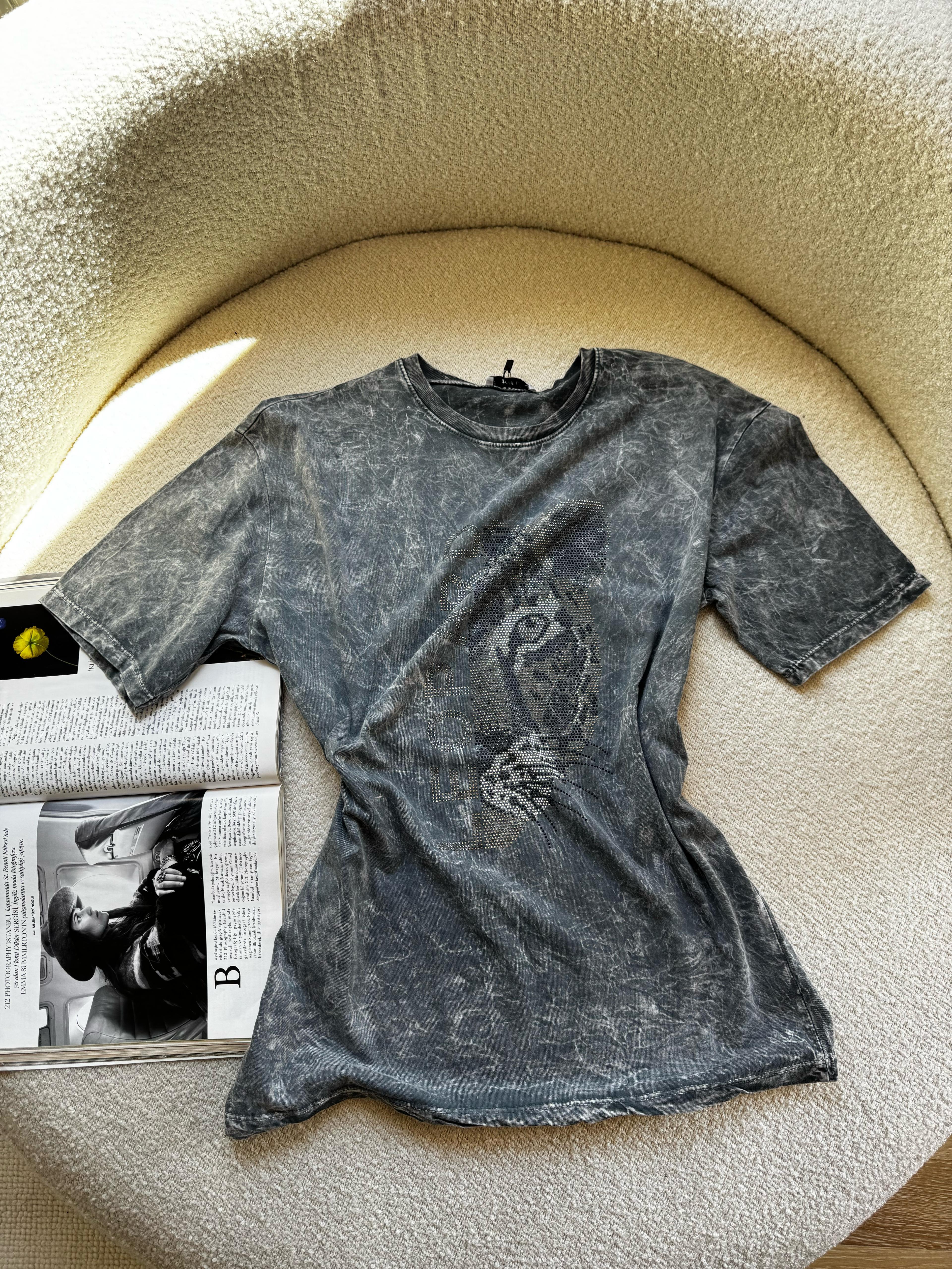 Leopar Baskılı Taşlı Tshirt - Gri