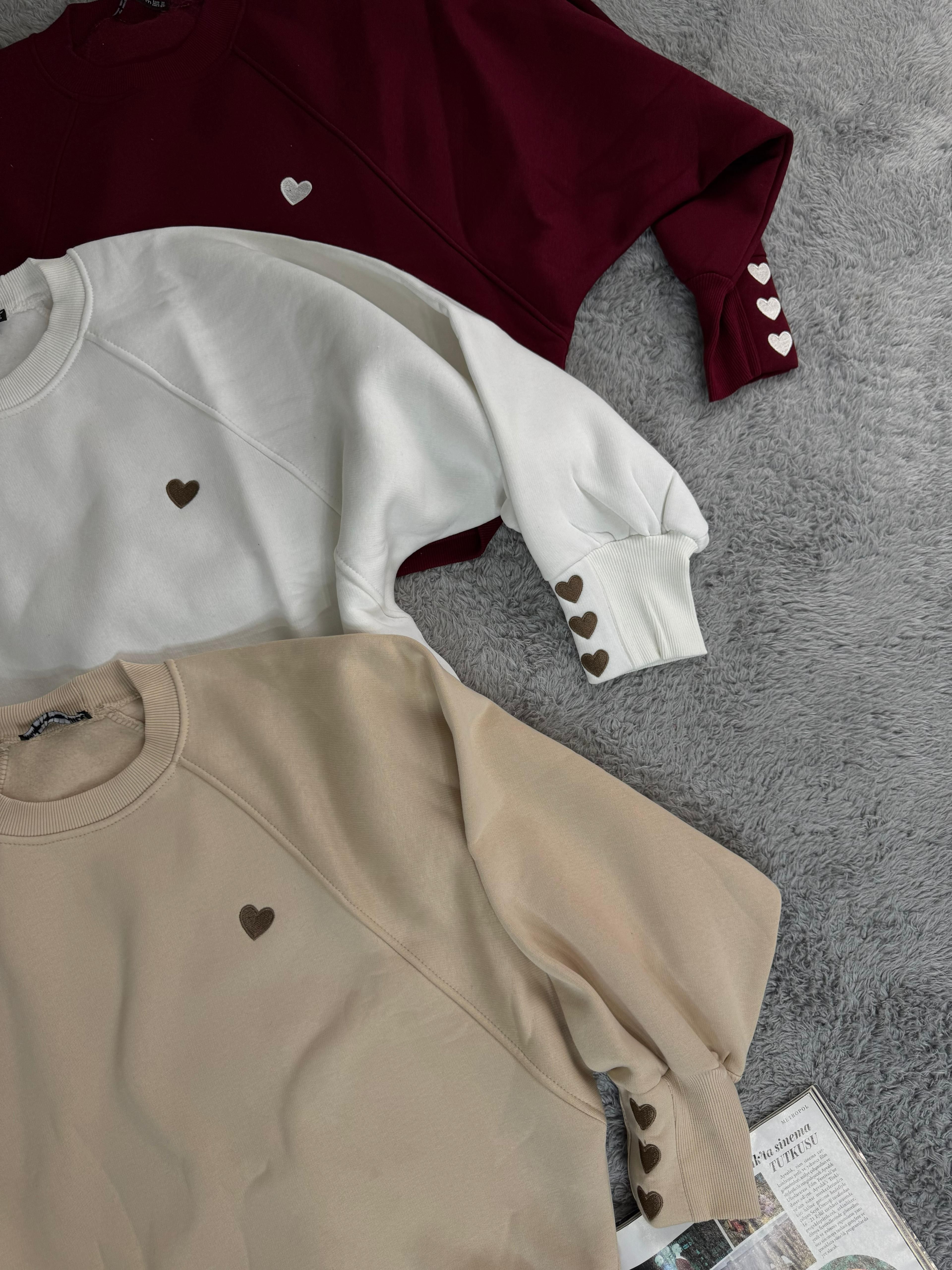 Ön ve Kollar Kalp Nakışlı Sweatshirt - Mürdüm