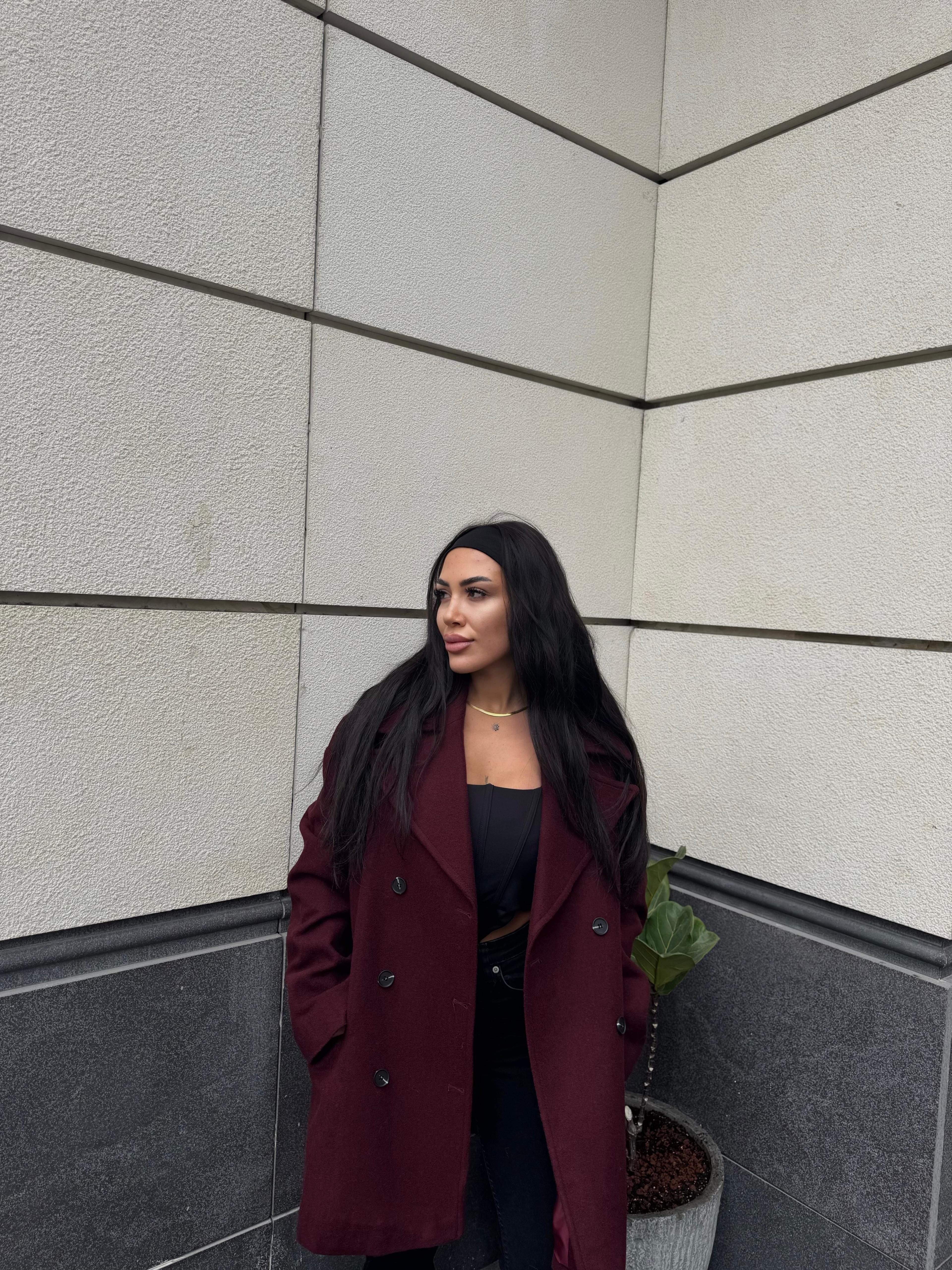Oversize Düğmeli Kısa Kaşe Kaban - Mürdüm
