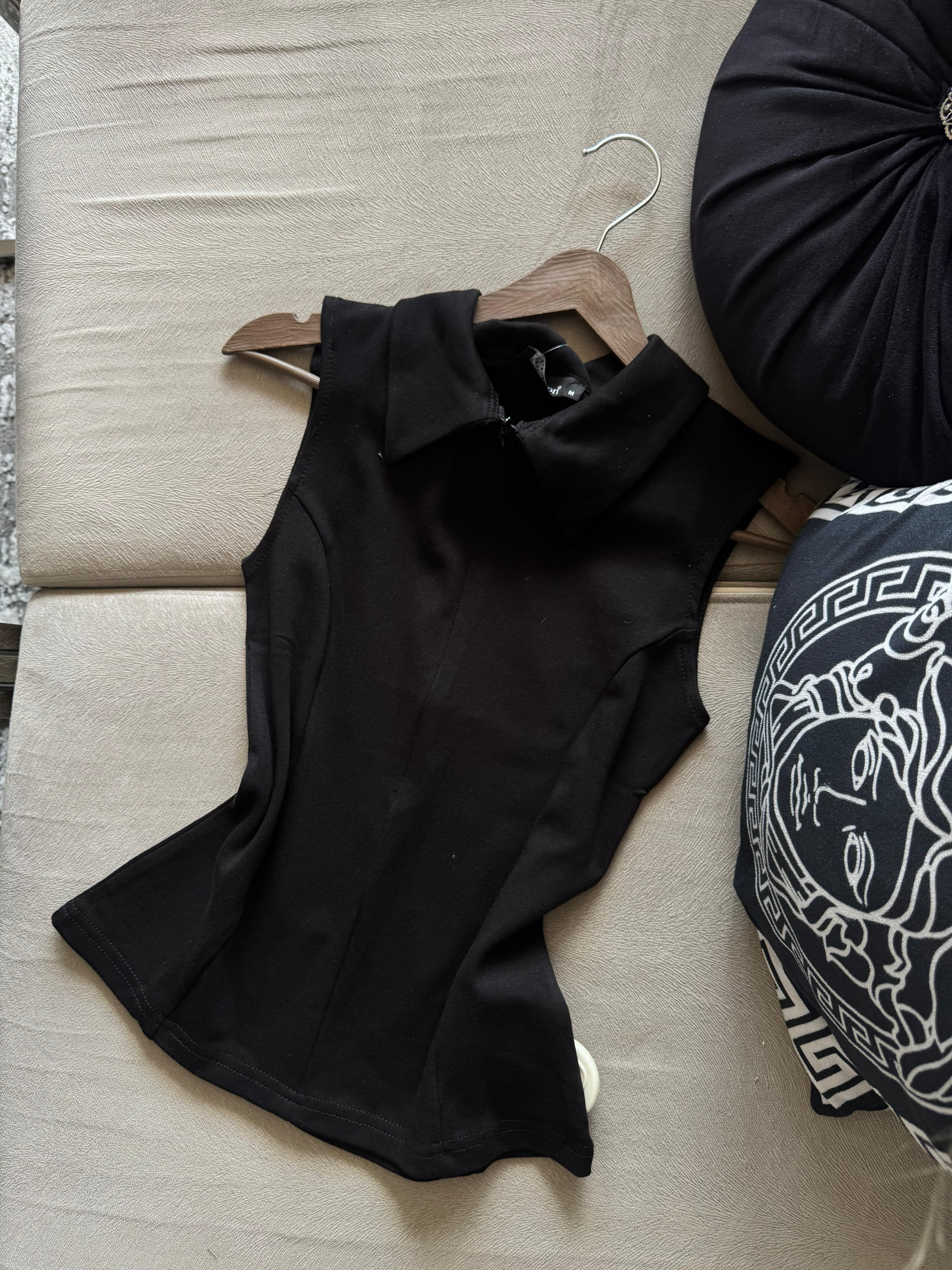 Hot Fermuarlı Polo Yaka Tişört - Siyah