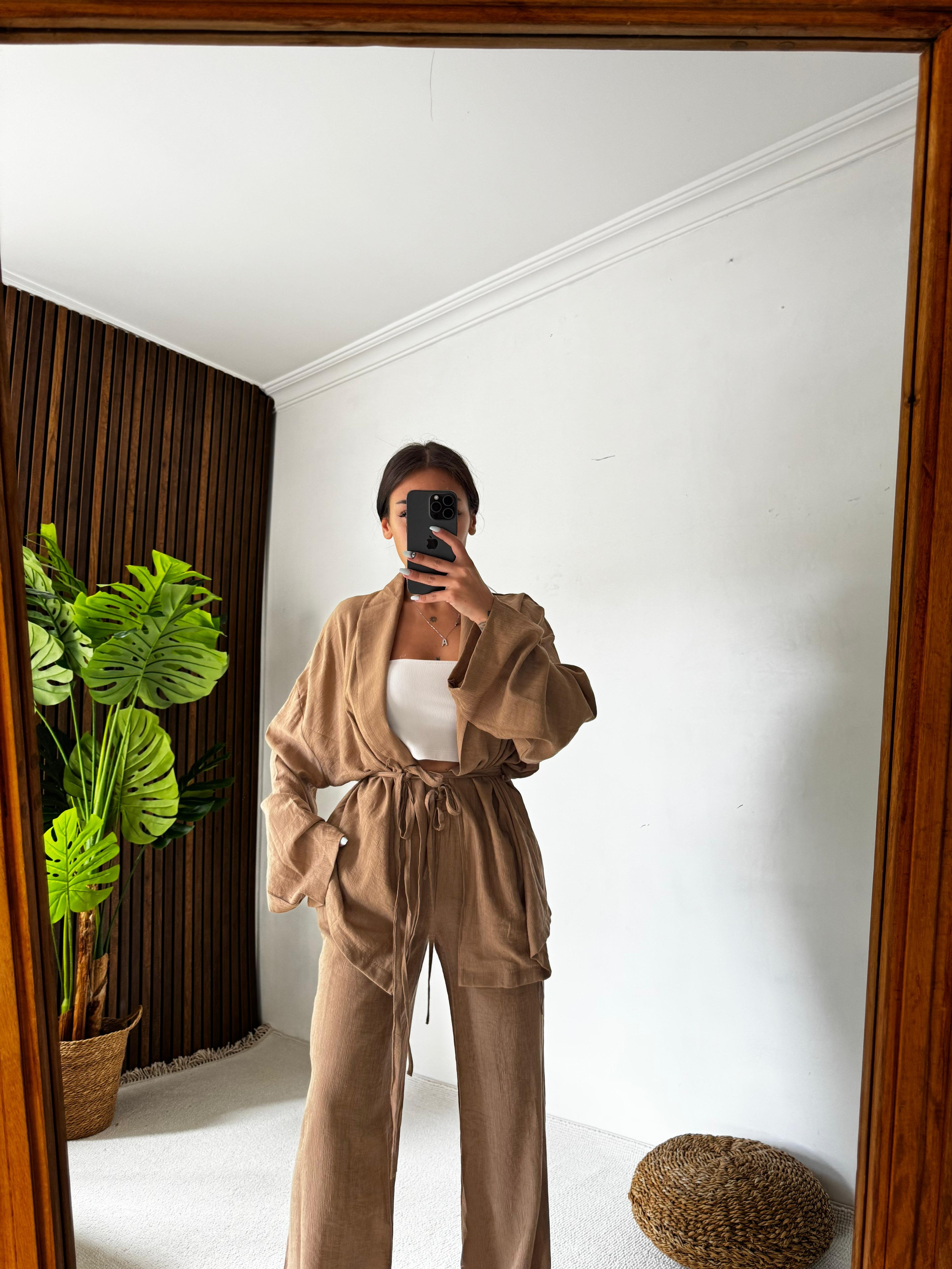 Hot Takım Şal Yaka Kimono  - Sütlü Kahve