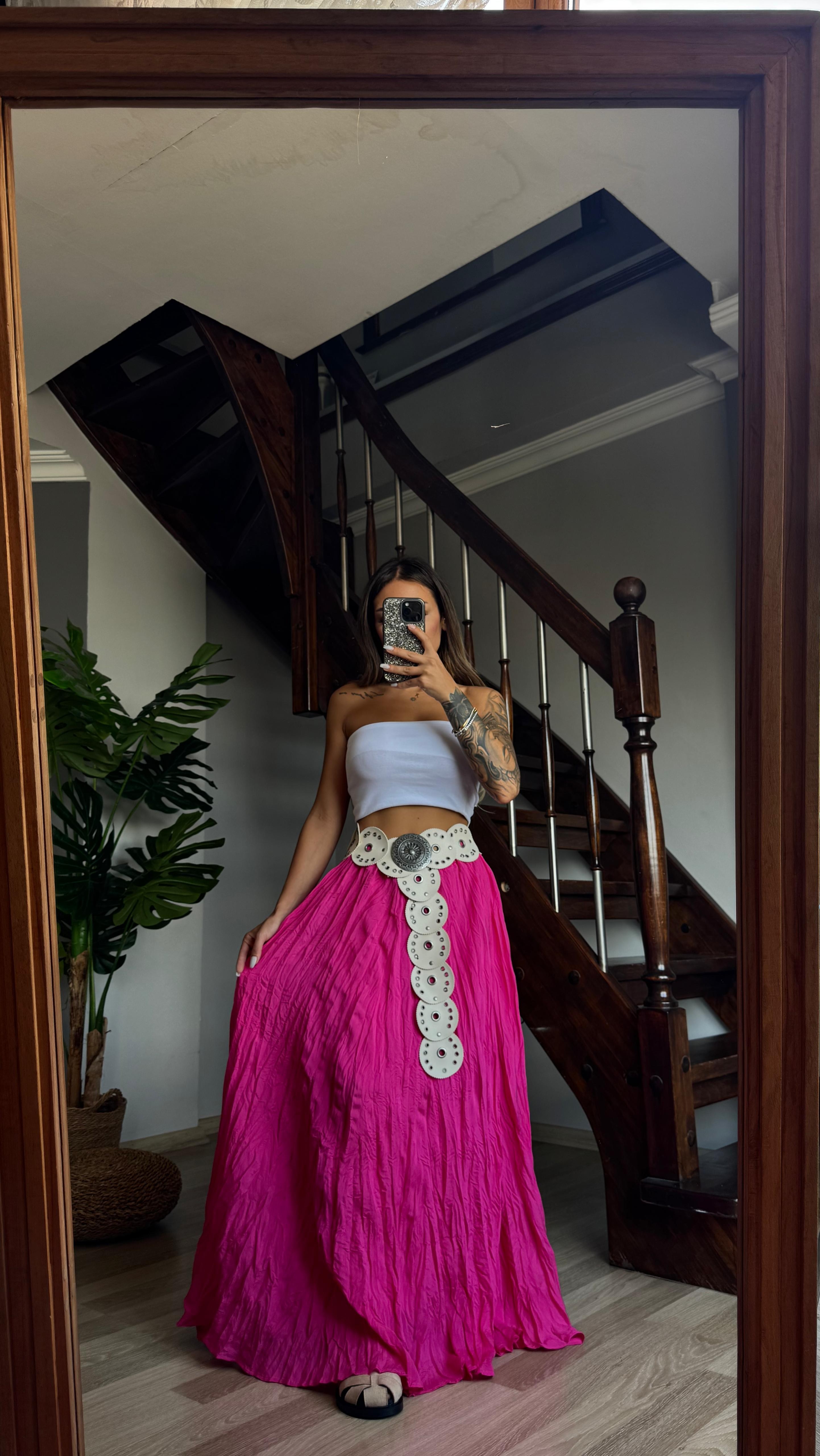 Kırışık Kumaş Kiloş Etek - Pembe