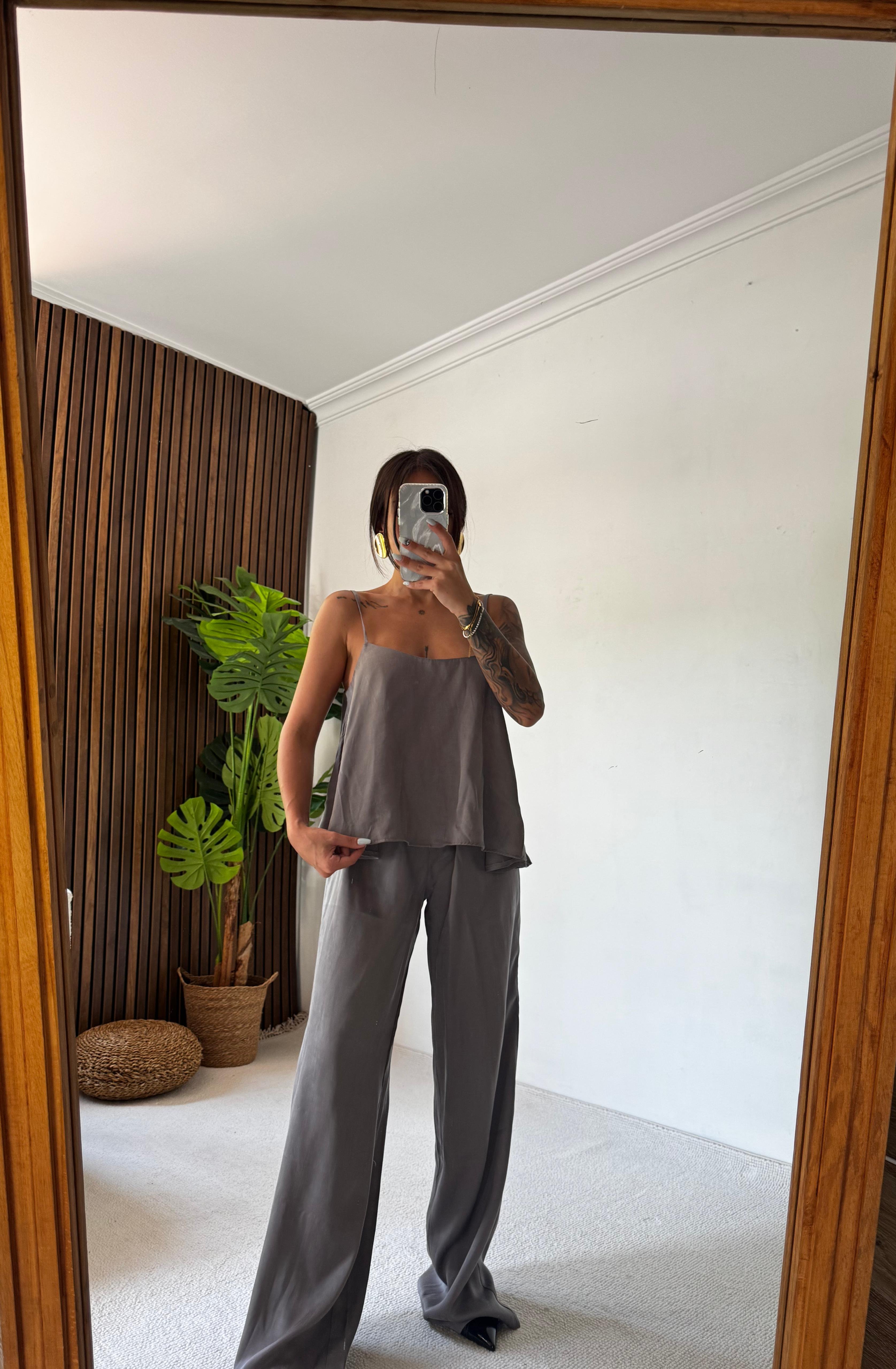 Mis Askılı Bluz Pantolon Takım - Gri